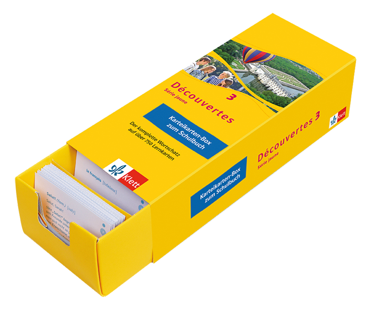 Découvertes Série Jaune 3 - Vokabel-Lernbox zum Schulbuch Eine gelbe Schachtel mit der Aufschrift Découvertes 3 enthält ein Set von Vokabelkarten zum Erlernen von Deutsch und Französisch für den Schulgebrauch.