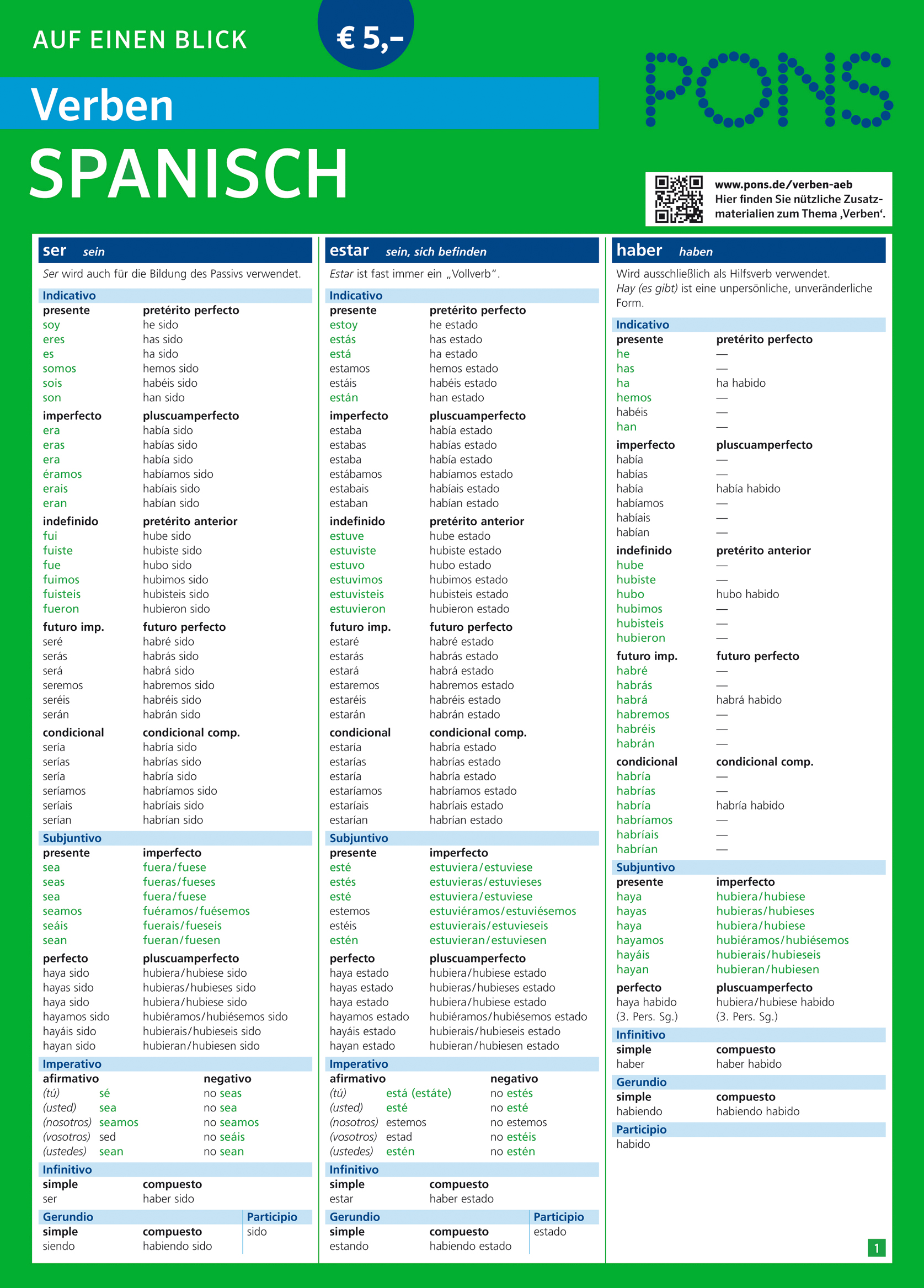PONS Verben auf einen Blick Spanisch Eine deutschsprachige Tabelle, die die Konjugationen der spanischen Verben ser, estar und haber in verschiedenen Zeitformen auflistet, formatiert in Spalten mit Überschriften und farbigen Markierungen.