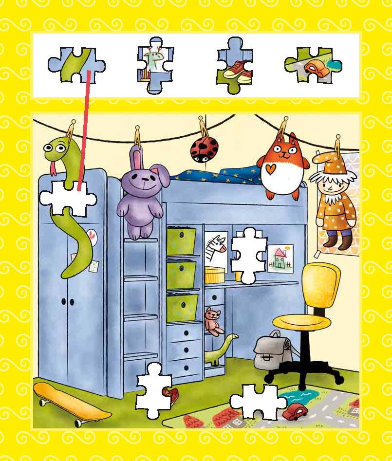 Ein Kinderzimmer mit einem Hochbett, Spielzeug und fehlenden Puzzleteilen; passende Puzzleteile sind oben zur Vervollständigung abgebildet.