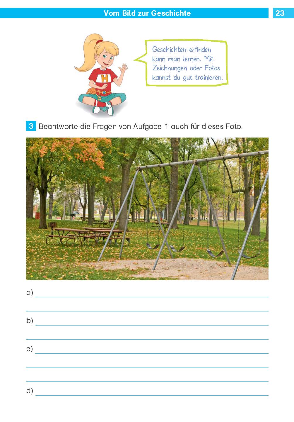 Klett Die Deutsch-Helden: Aufsatz 4. Klasse Eine Schaukel steht unbenutzt in einem Park, umgeben von Bäumen mit grünen und gelben Blättern; im Hintergrund sind Bänke und ein Weg zu sehen.