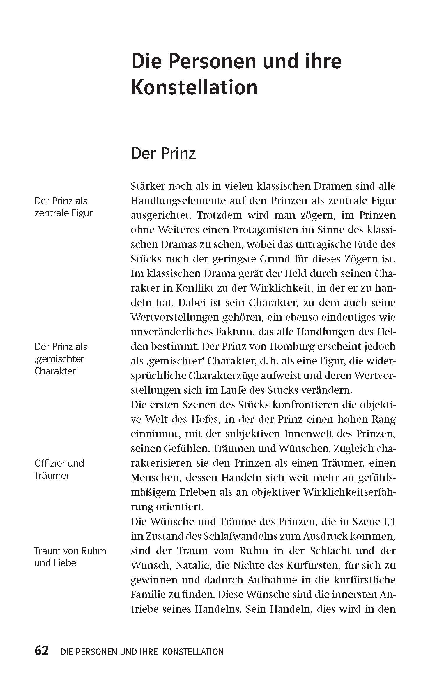 Klett Lektürehilfen Heinrich von Kleist, Prinz Friedrich von Homburg Eine deutsche Lehrbuchseite, die die Rolle des Prinzen in klassischen Dramen behandelt, mit Überschriften und Text in Spalten.