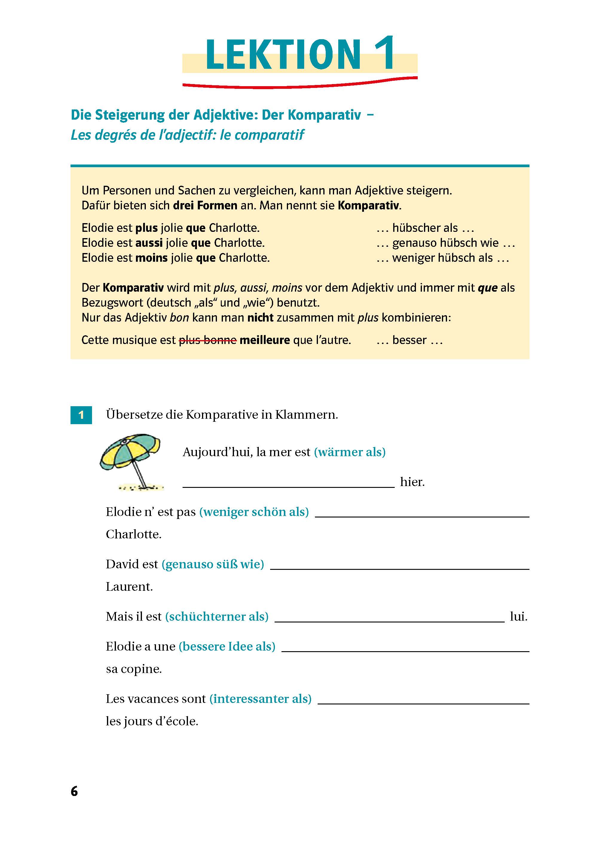 Eine Seite aus dem Lehrbuch der deutschen Sprache erklärt die Komparativform von Adjektiven, mit Beispielsätzen auf Deutsch und Französisch und einer kurzen Übung zum Ausfüllen der Felder.