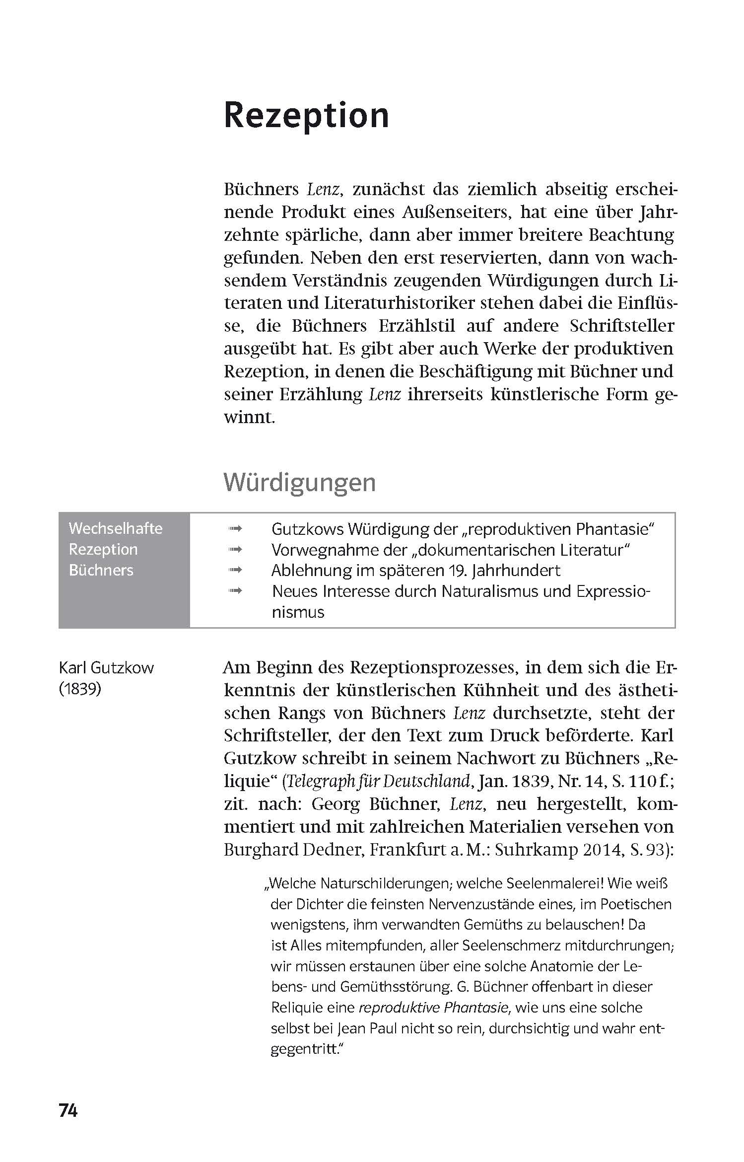 Eine Lehrbuchseite mit dem Titel Rezeption erörtert die Rezeption von Büchners Lenz und enthält einen hervorgehobenen Kasten über Karl Gutzkow und eine Aufzählung der wichtigsten Anerkennungen.