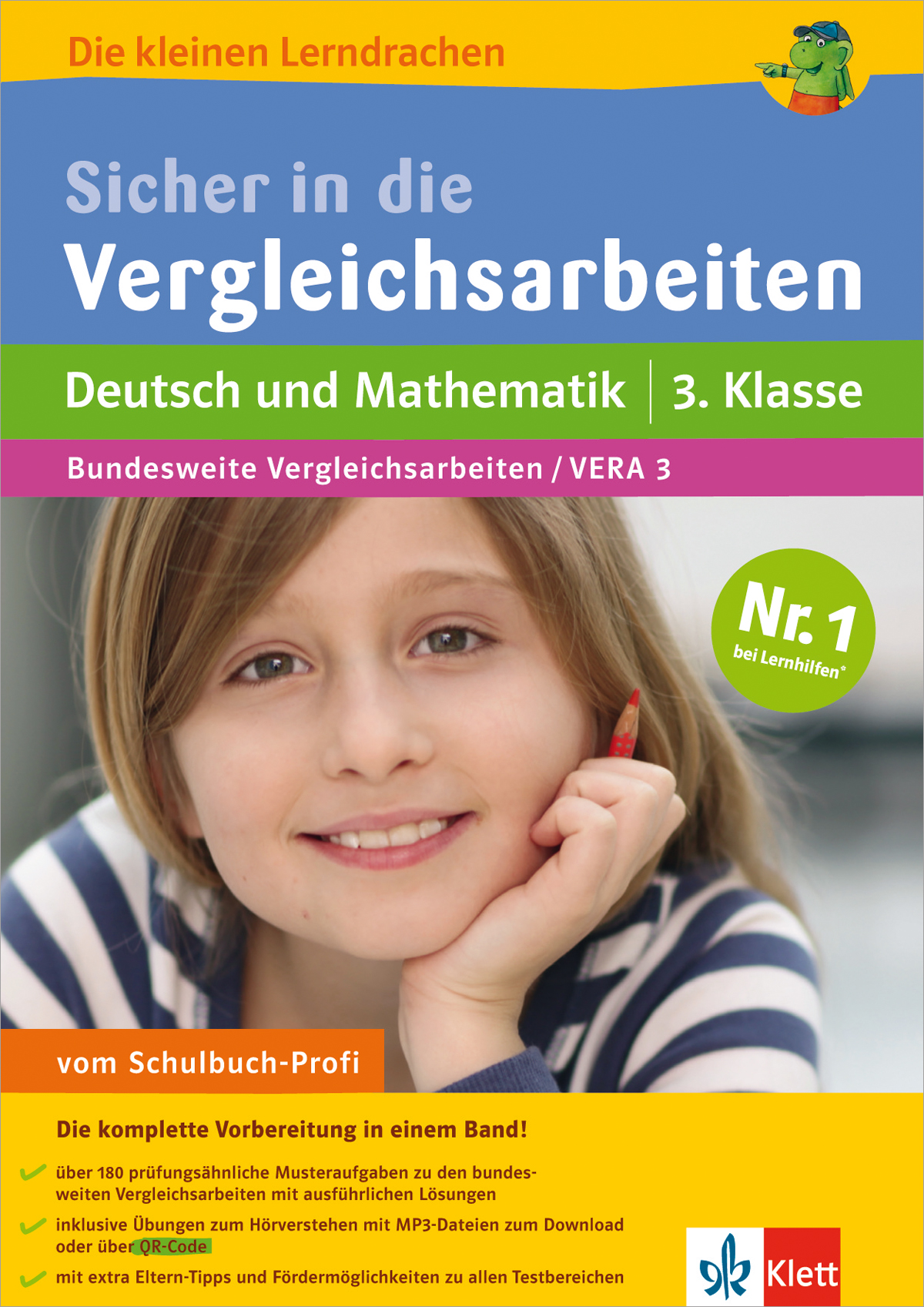 Cover eines deutschen Lehrbuchs mit dem Titel Sicher in die Vergleichsarbeiten Deutsch und Mathematik 3. Klasse mit einem lächelnden Kind, das sein Kinn auf die Hände stützt.