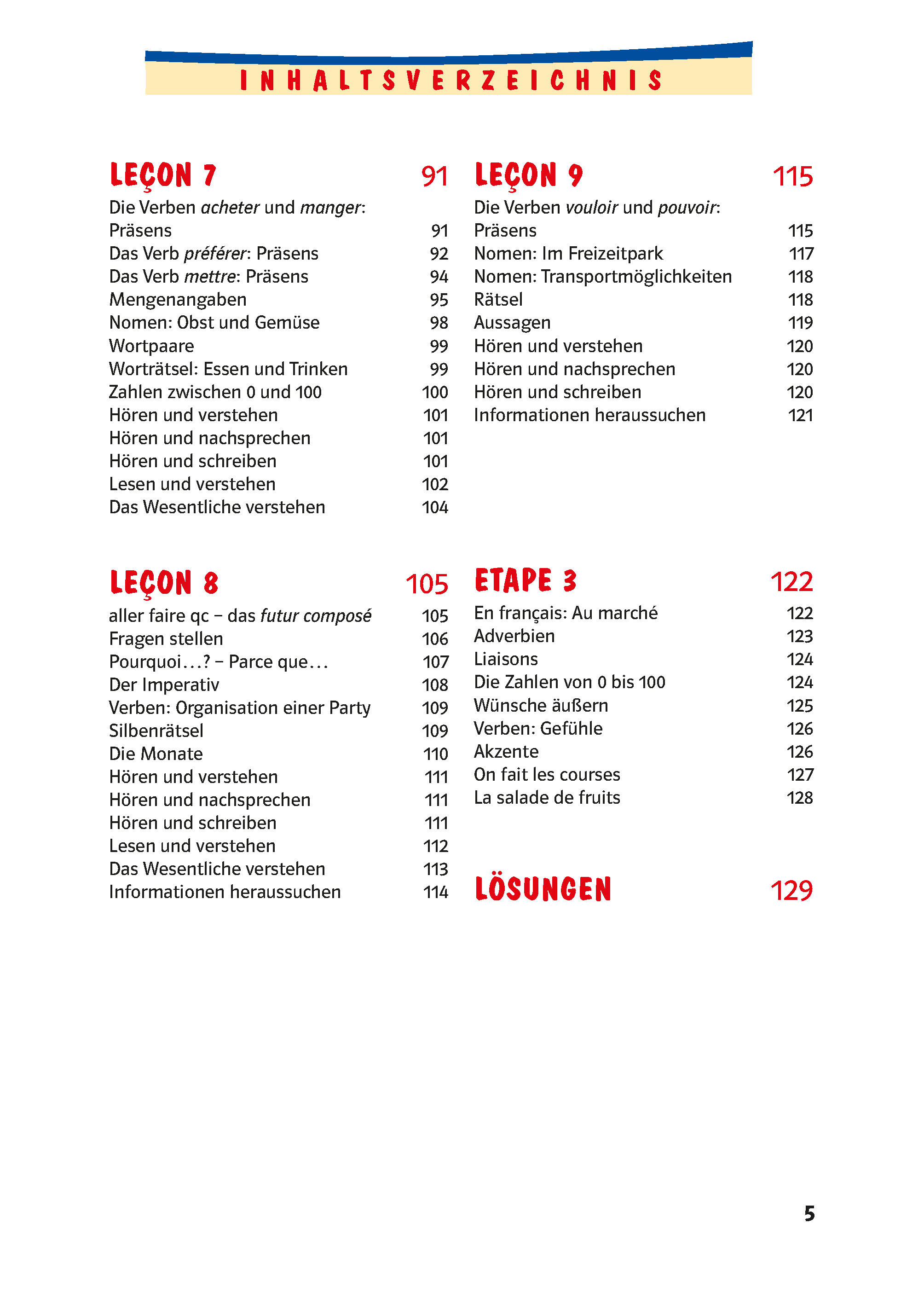 Inhaltsverzeichnis in deutscher und französischer Sprache mit den Lektionen 7 bis 9, Stufe 3 und Lösungen, mit Seitenzahlen in Rot. Themen sind unter anderem Verben, Wortschatz und Verständnis.