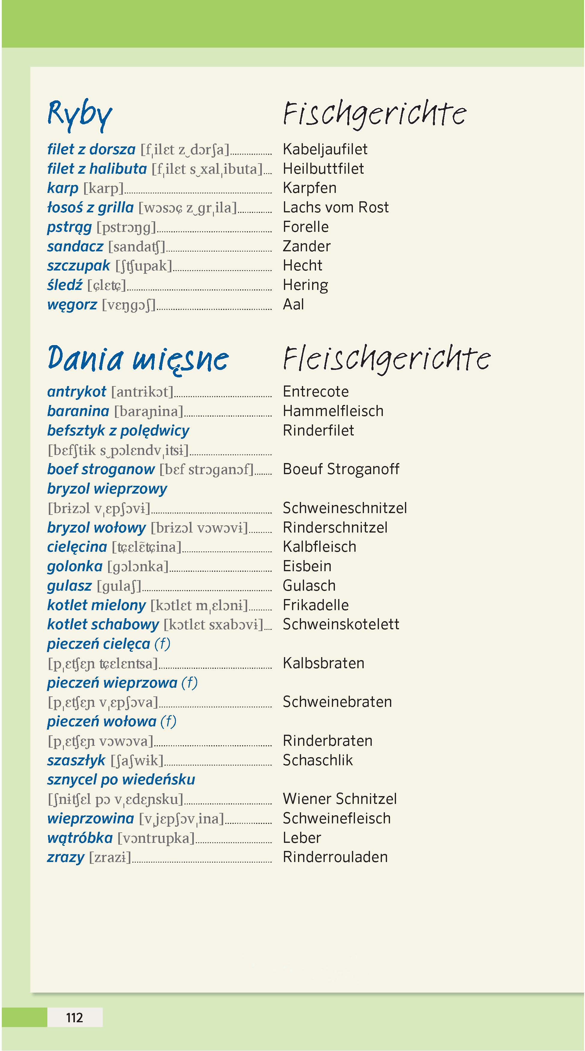 Eine zweisprachige polnisch-deutsche Restaurant-Menüseite, die verschiedene Fisch- und Fleischgerichte auflistet, mit entsprechenden Namen in beiden Sprachen und phonetischer Aussprache für polnische Gerichte.
