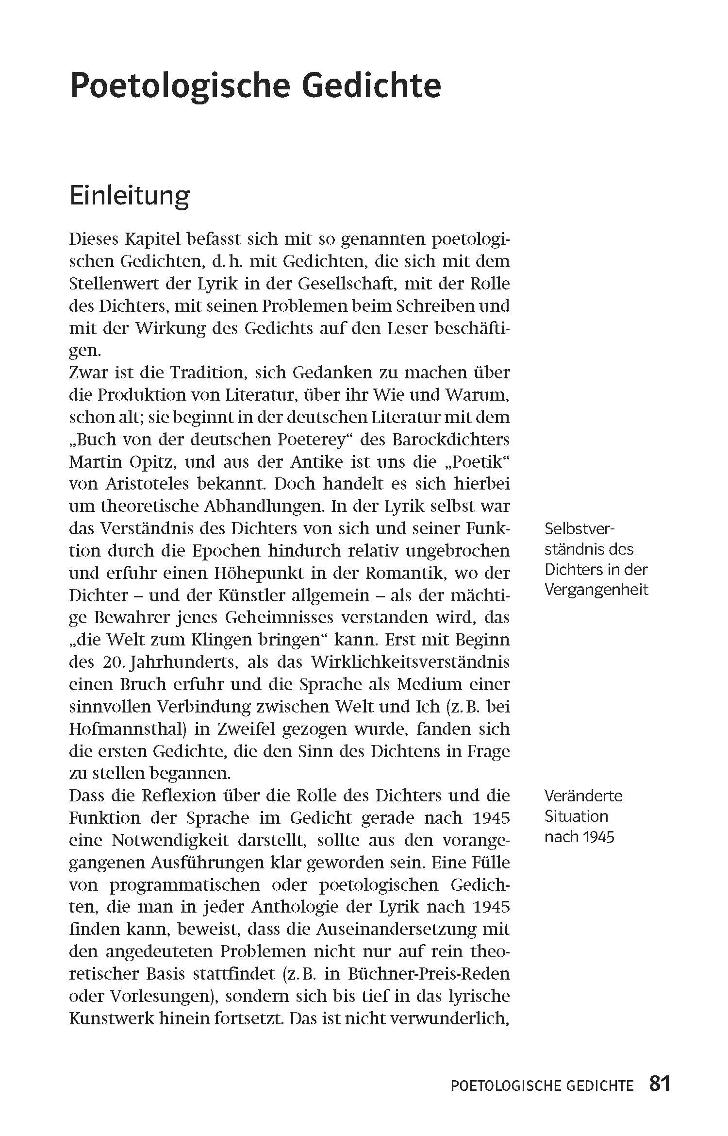 Eine Seite aus einem deutschen Buch mit dem Titel Poetologische Gedichte mit dem Kapitel Einleitung, in dem die Rolle und Funktion der Poesie und der Dichter in der Gesellschaft erörtert wird.