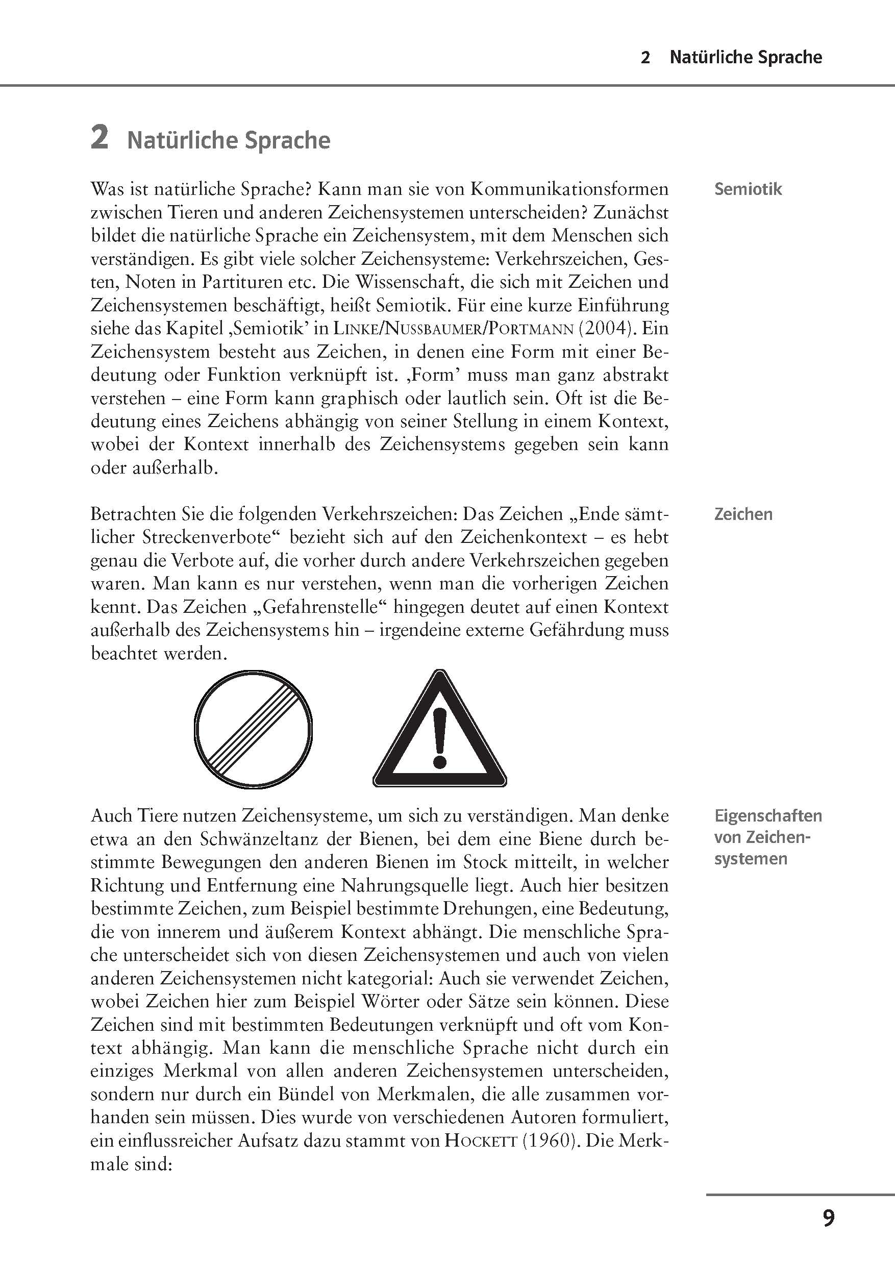 Uni Wissen Grundkurs Sprachwissenschaft Eine Lehrbuchseite zum Thema natürliche Sprache mit fettgedruckten Abschnittsüberschriften, Text in Spalten und einem Schwarz-Weiß-Bild eines Verkehrsschilds mit Pfeilen und einem Fahrrad.