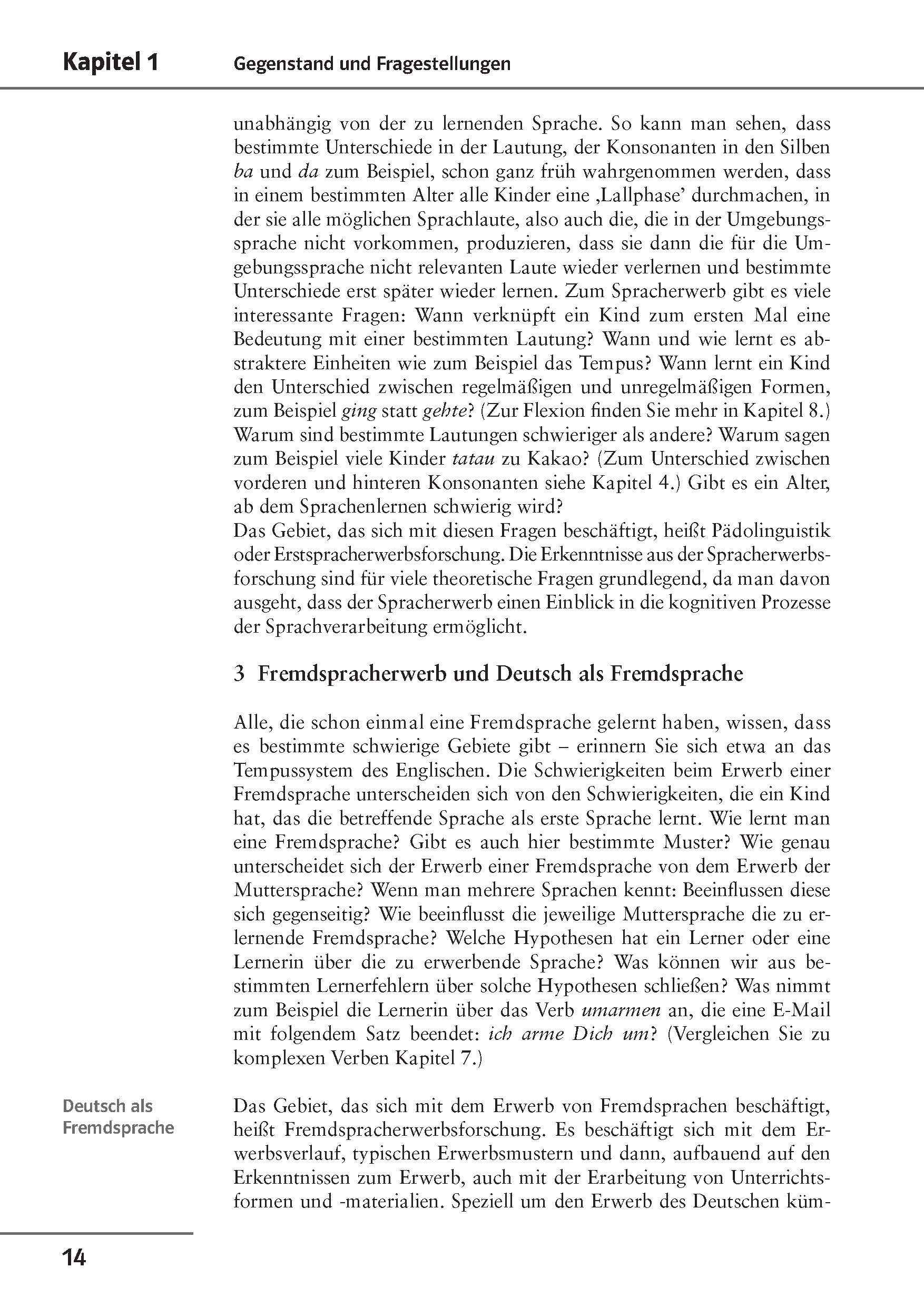 Uni Wissen Grundkurs Sprachwissenschaft Eine Lehrbuchseite in deutscher Sprache, die den Spracherwerb und das Konzept der Lallphase behandelt, mit einer Seitenüberschrift Deutsch als Fremdsprache und der Seitenzahl 14 am unteren Rand.