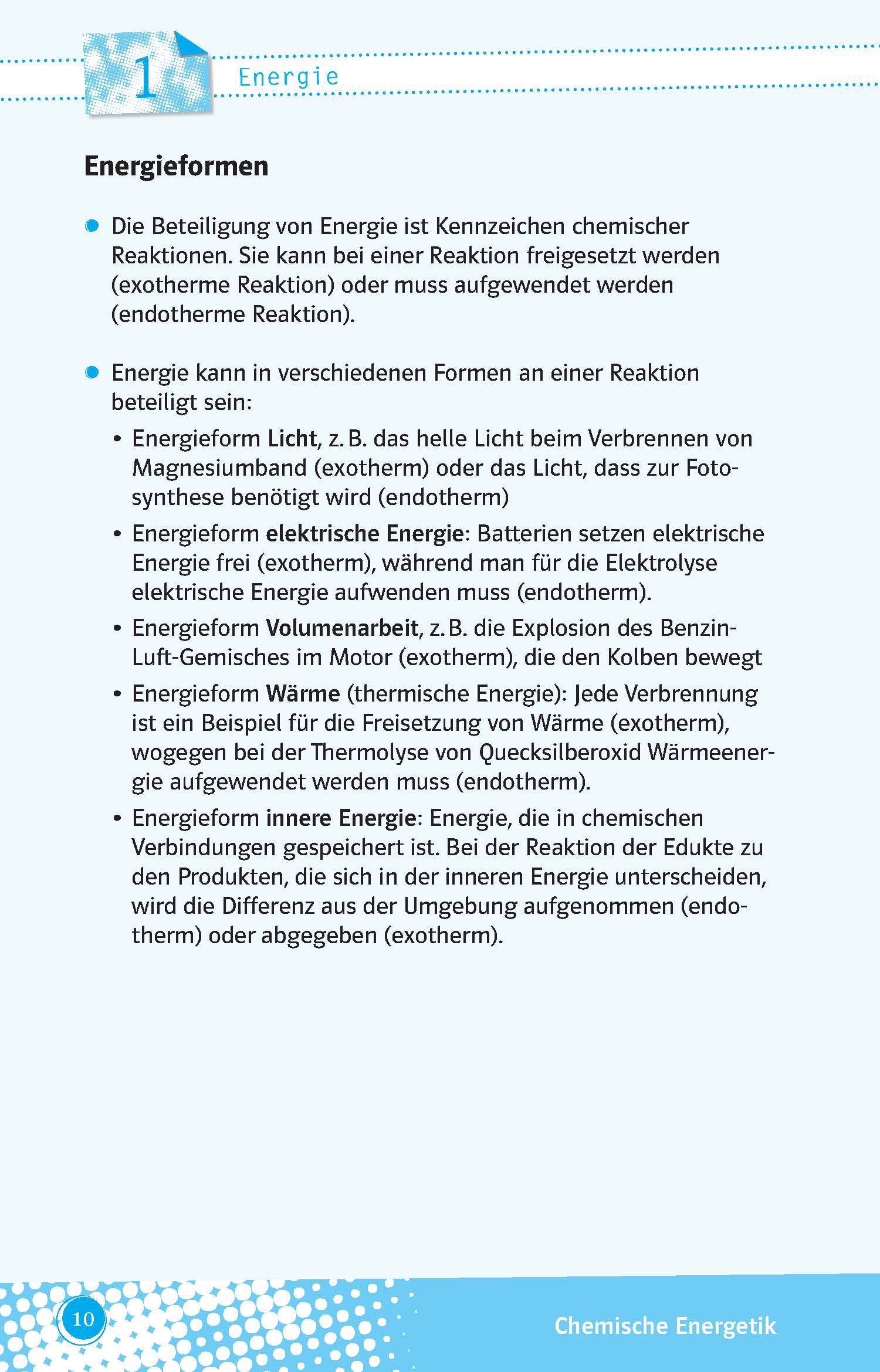 Eine Seite in deutscher Sprache, die verschiedene Formen der Energiebeteiligung an Reaktionen erklärt, mit Aufzählungspunkten und blauer Überschrift Energieformen. Die Seite hat eine blaue Seitenleiste und eine Fußzeile mit der Seitenzahl 10.