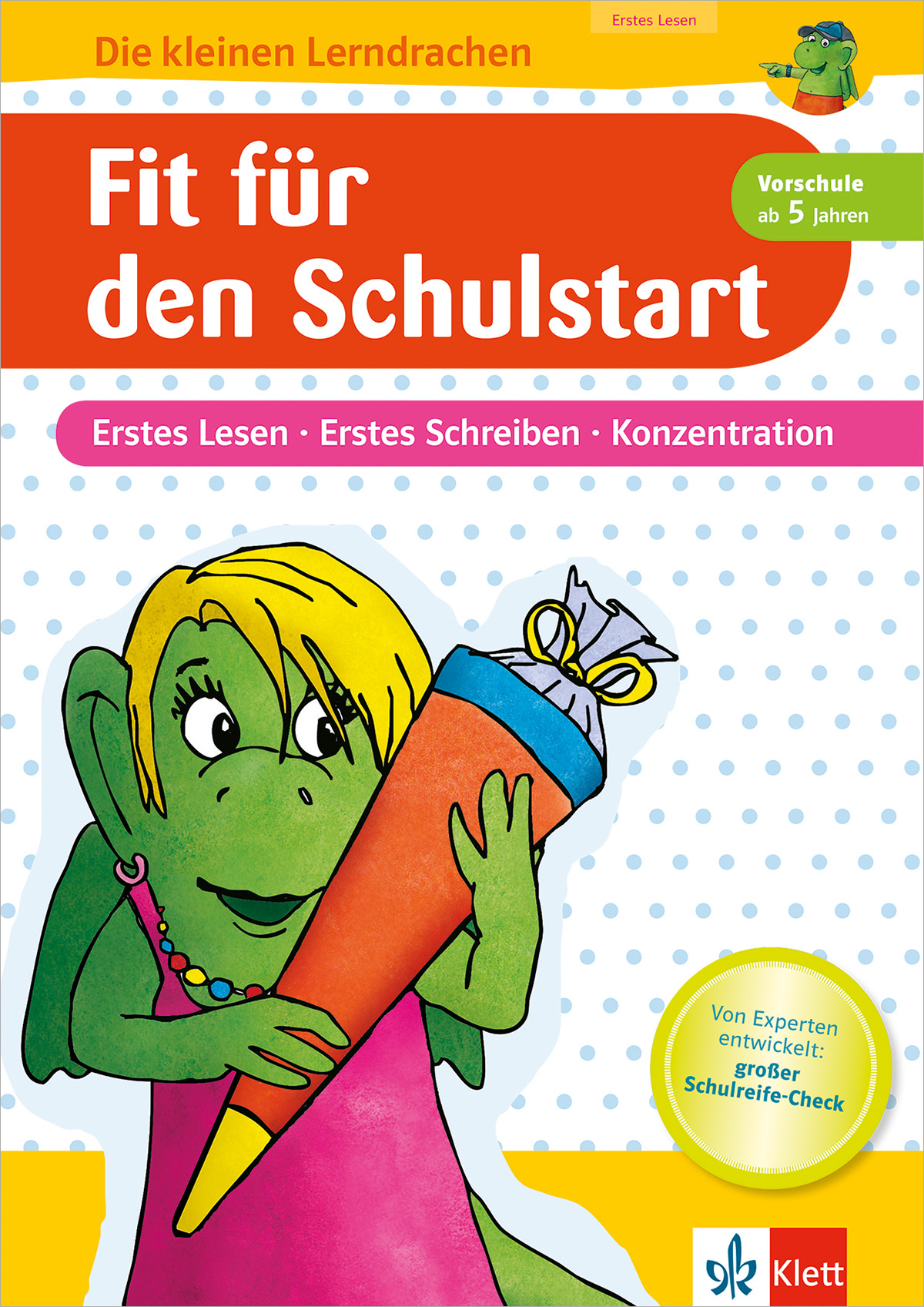 Ein grüner Cartoon-Drache hält eine große orangefarbene Schultüte auf einem Buchcover mit dem Titel Fit für den Schulstart, das sich an Kinder richtet, die sich auf die Schule vorbereiten.