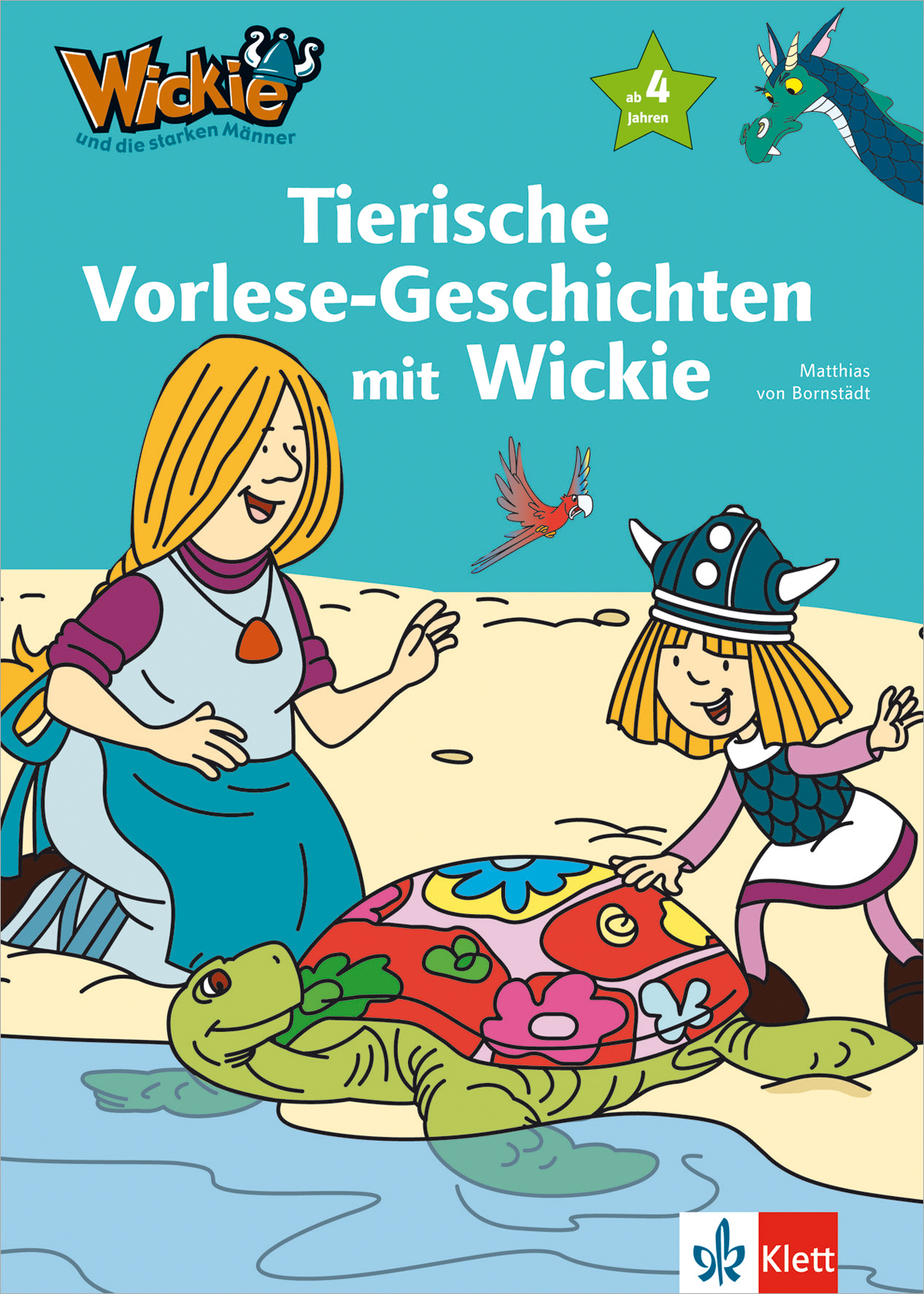 Ein Erwachsener und ein Kind in Wikingerkleidung lächeln einer großen Schildkröte am Wasser zu; ein Vogel fliegt in der Nähe. Der Text ist auf Deutsch und erwähnt Wickie und Tiergeschichtenlesungen für Kinder.