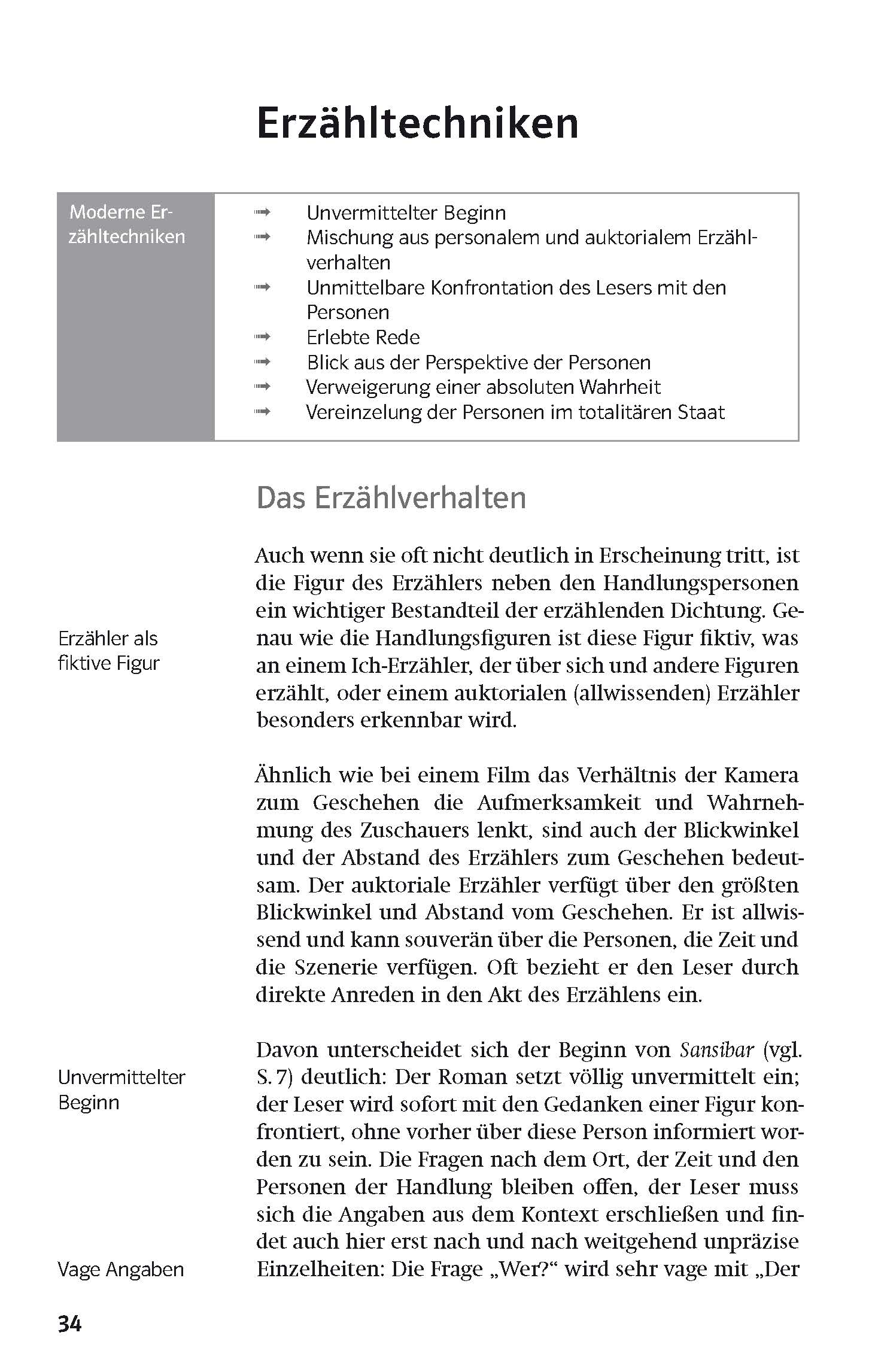 Auf einer Lehrbuchseite in deutscher Sprache werden Erzähltechniken, einschließlich Perspektive und Erzählerrolle, mit Überschriften, Aufzählungspunkten und einem Haupttextblock erörtert.
