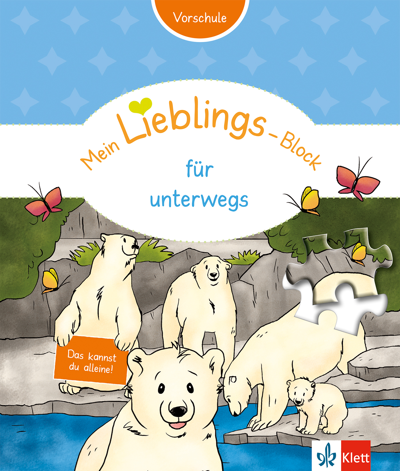Klett Mein Lieblings-Block für unterwegs Illustriertes Cover eines Kinderbuchs mit fünf Eisbären, Schmetterlingen, grünen Büschen und Felsen, mit deutschem Text und einer Grafik mit Puzzleteilen.