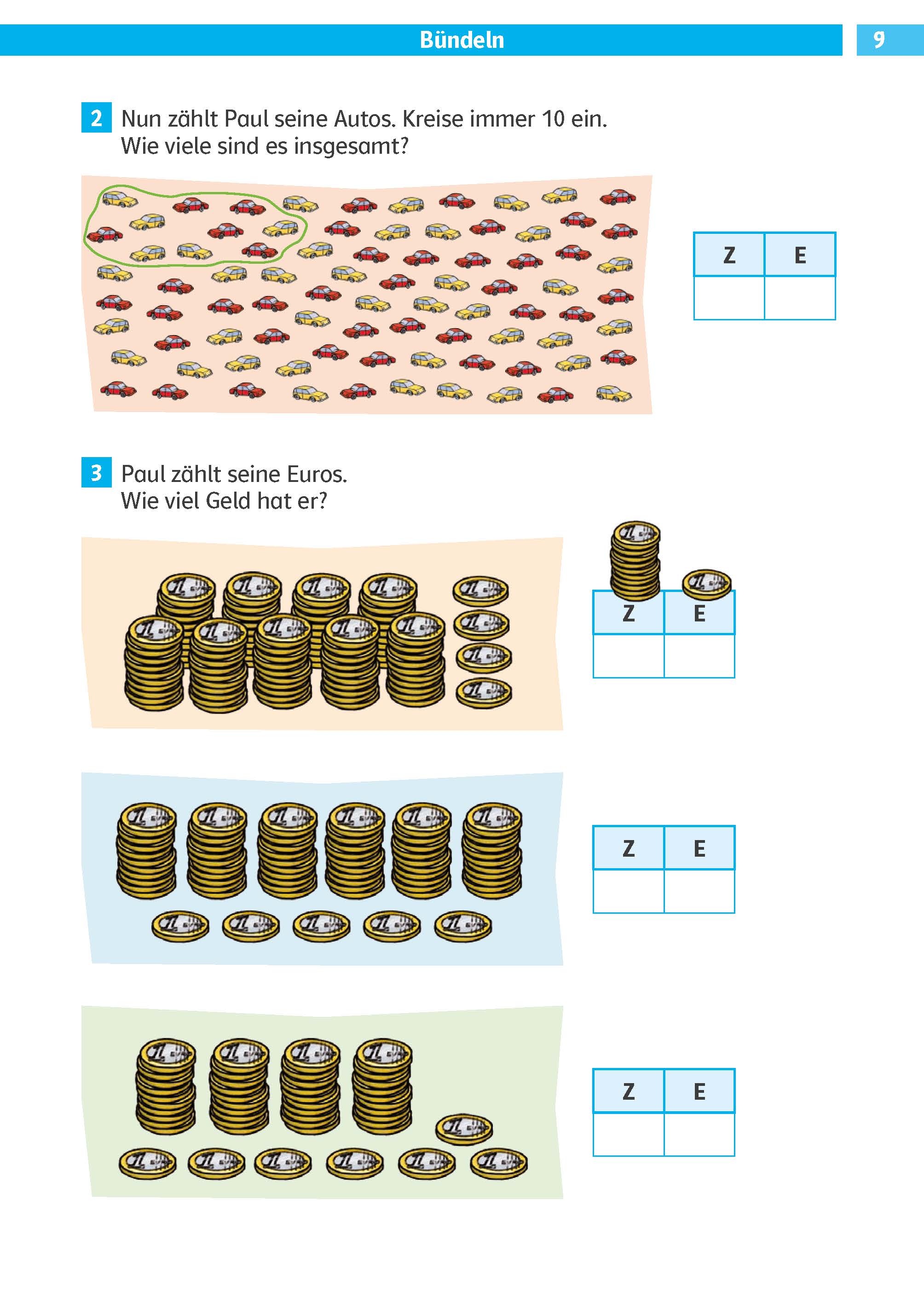 Klett Die Mathe-Helden: Rechnen bis 100 2. Klasse Ein Arbeitsblatt mit Gruppen von Spielzeugautos und Stapeln von Münzen, die die Kinder zählen sollen, mit Kästchen zum Aufschreiben der Summen. Die Anleitung ist auf Deutsch.