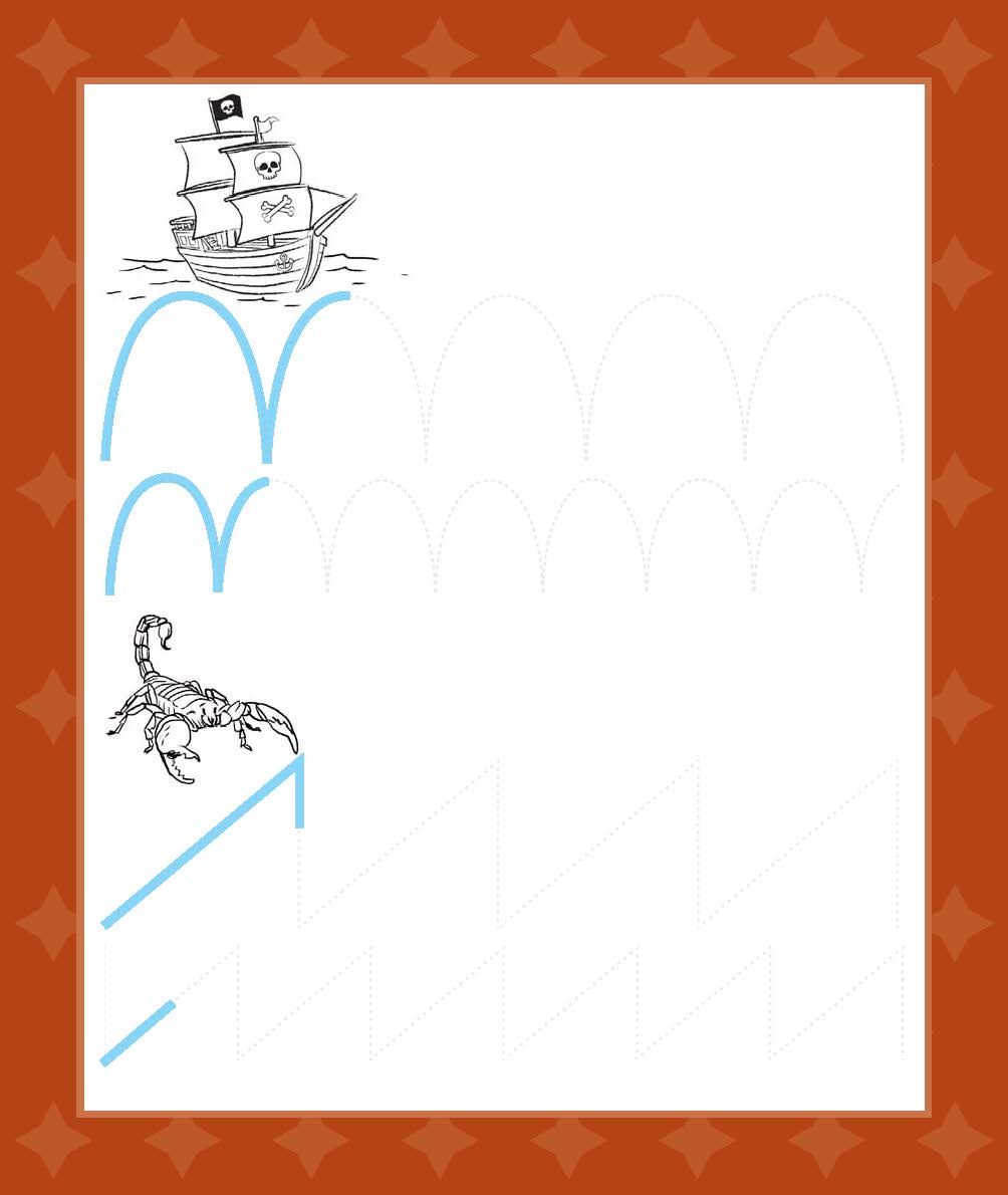 Klett Mein Lieblings-Block für unterwegs Oben links ist ein Piratenschiff auf dem Wasser zu sehen, unten links führen blaue geschwungene Linien zu einem Skorpion. Die Seite hat einen roten Rand mit Sternenmustern.