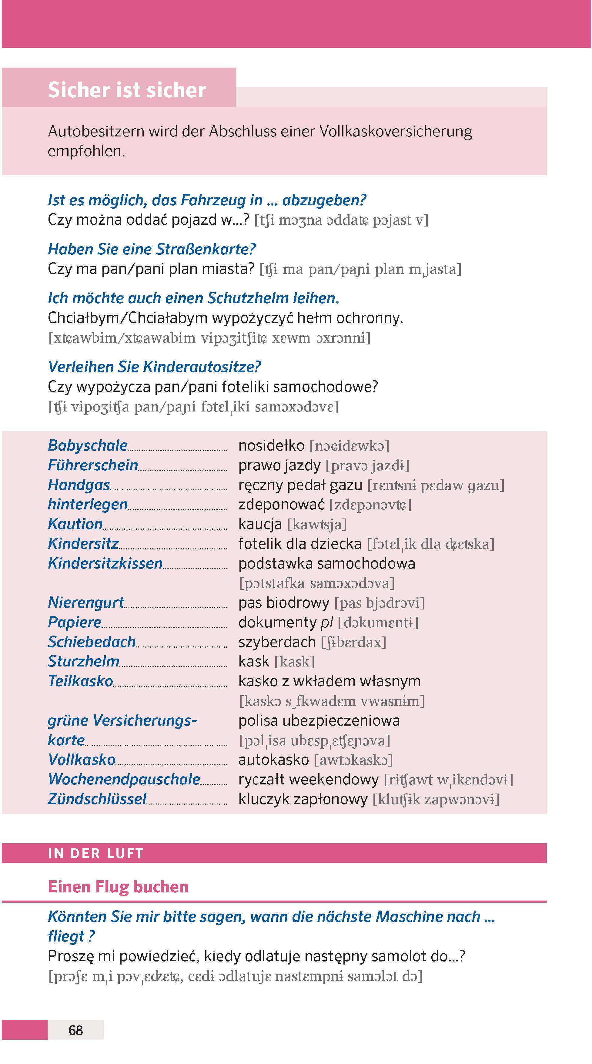 Eine deutsch-polnische Phrasenliste für Autovermietungen mit Vokabeln zu Kindersitzen, Navigationssystemen und anderen autorelevanten Themen, die in einem farbigen, tabellarischen Format angeordnet sind.