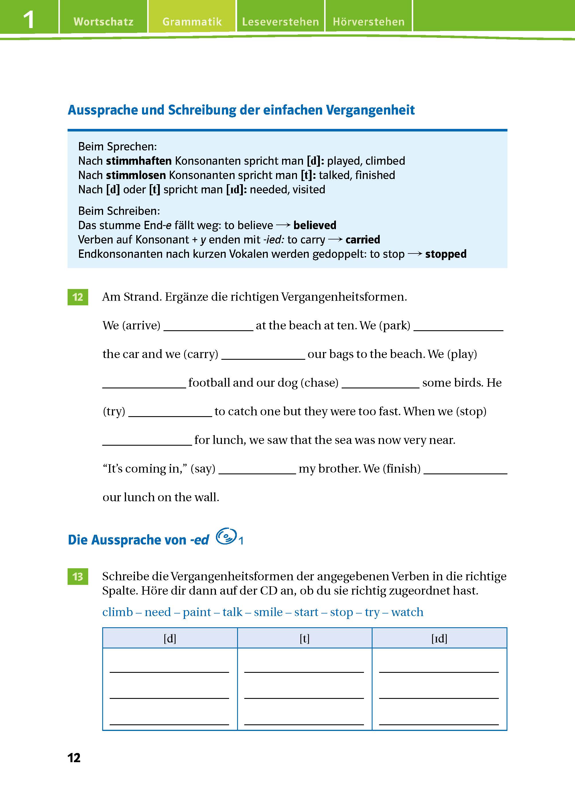 Eine deutschsprachige Arbeitsbuchseite mit Übungen zur Bildung des Simple Past Tense im Englischen, mit Schwerpunkt auf Aussprache und Schreibweise von -ed-Endungen, mit Fill-in-the-Blank Aktivitäten.