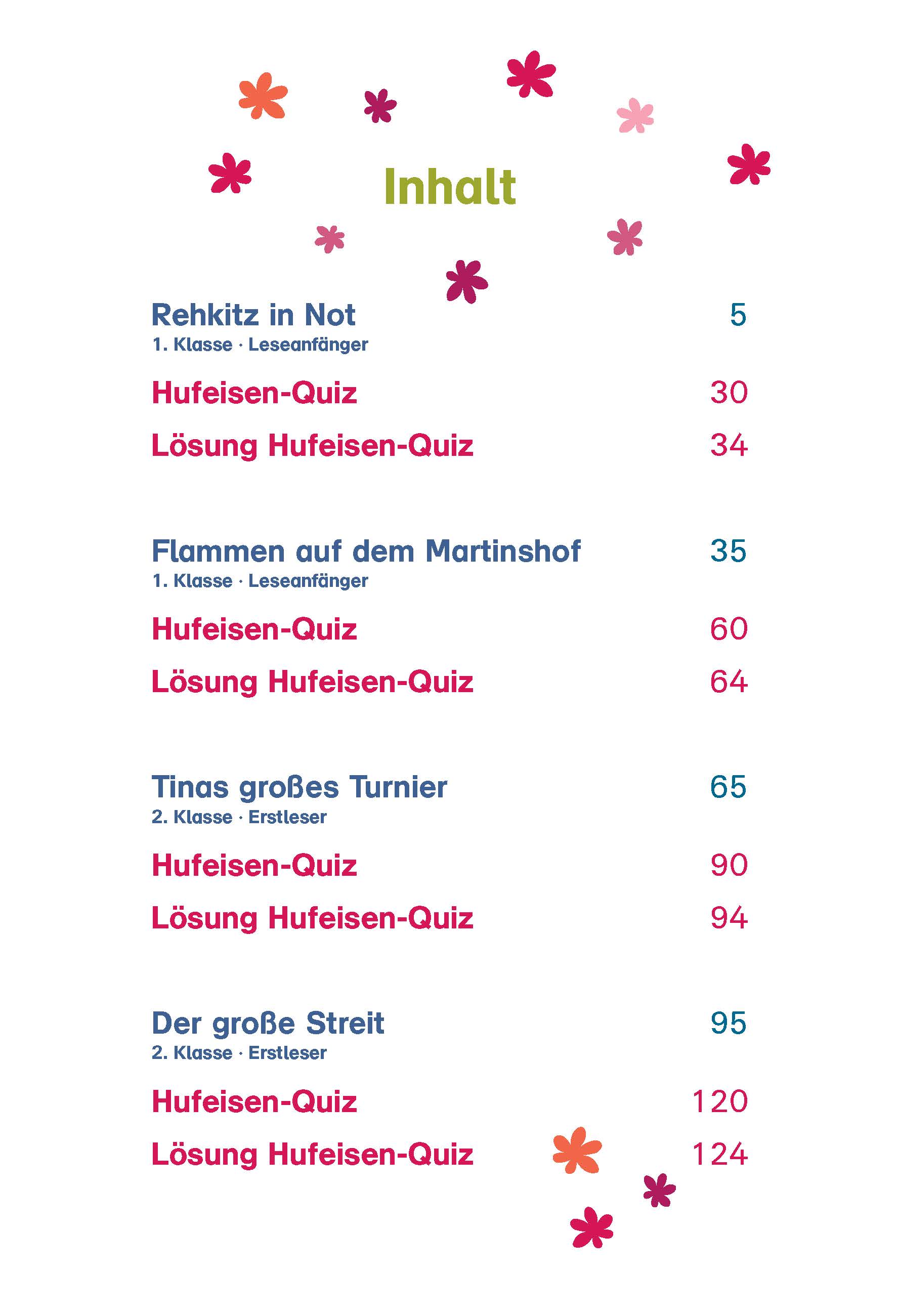 Bibi & Tina: Pferde satteln, fertig, los! Inhaltsverzeichnis mit vier Hauptabschnitten, die jeweils Seitenzahlen für eine Geschichte und entsprechende Quizfragen enthalten, verziert mit kleinen Blumenillustrationen.
