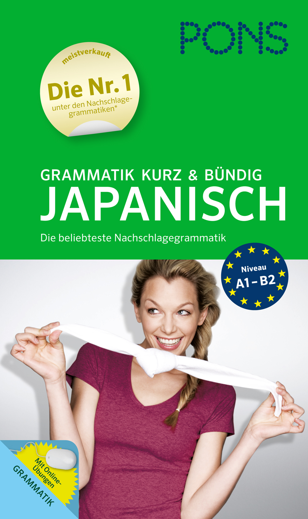 Das Buchcover von PONS Grammatik Kurz & Bündig Japanisch zeigt eine lächelnde Frau, die ein weißes Band in die Höhe streckt, und einen Text, der das Buch als Bestseller unter den japanischen Grammatikbüchern hervorhebt.