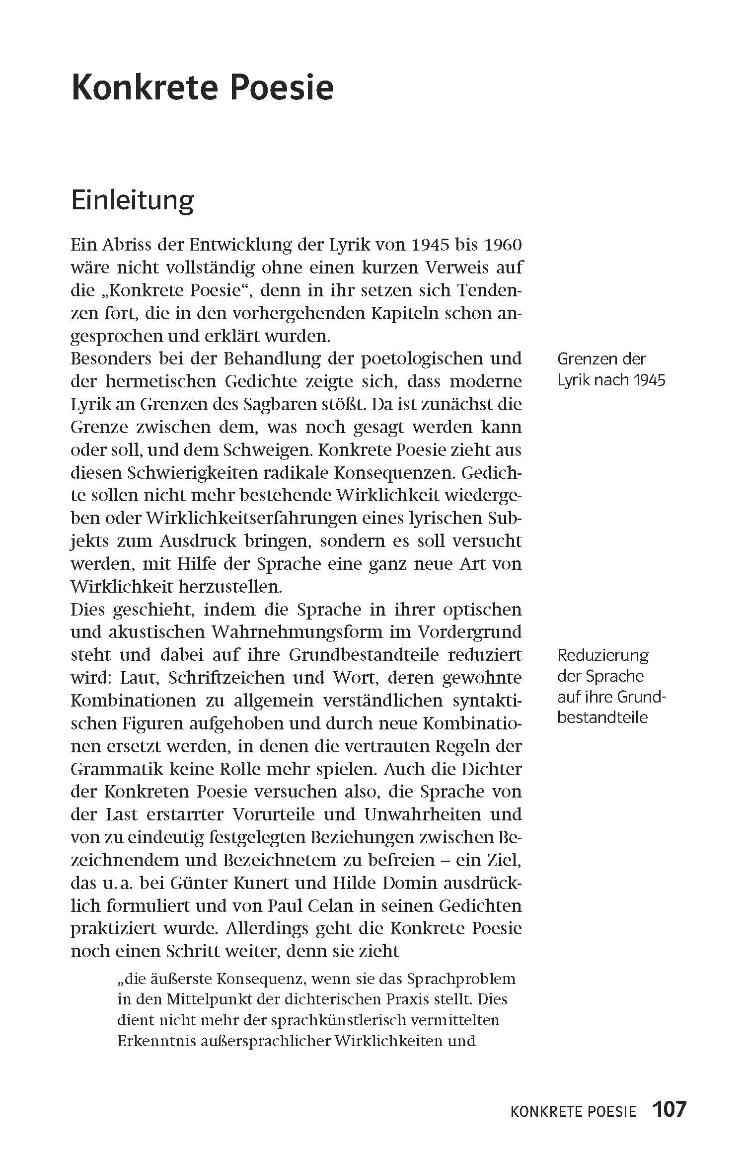 Eine Seite aus einem deutschen Lehrbuch über Konkrete Poesie, mit Haupttext, Abschnittsüberschriften und einer Seitenzahl (107) am unteren Rand.