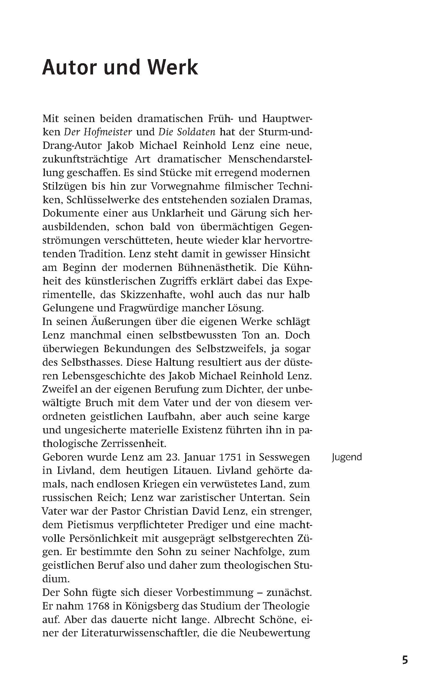 Eine deutsche Textseite mit dem Titel Autor und Werk behandelt Jakob Michael Reinhold Lenz, seine dramatischen Werke und seinen Einfluss auf die Literatur. Die Seitennummer 5 ist unten abgebildet.