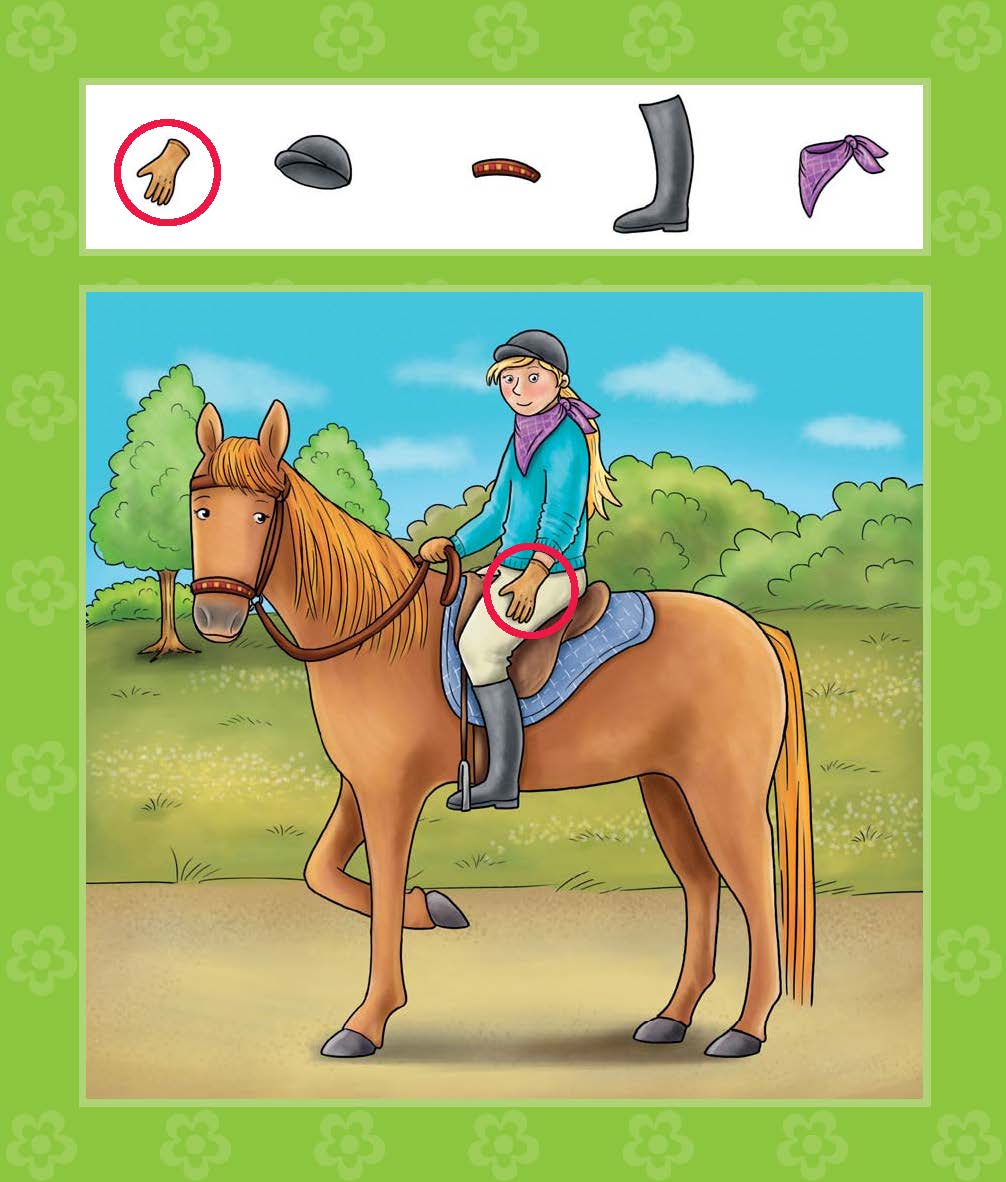 Ein Mädchen mit Reithelm und lila Schal sitzt auf einem braunen Pferd und hält Reithandschuhe in der Hand. Im Hintergrund sind der Himmel und Grünflächen zu sehen. Über ihr sind Gegenstände abgebildet.