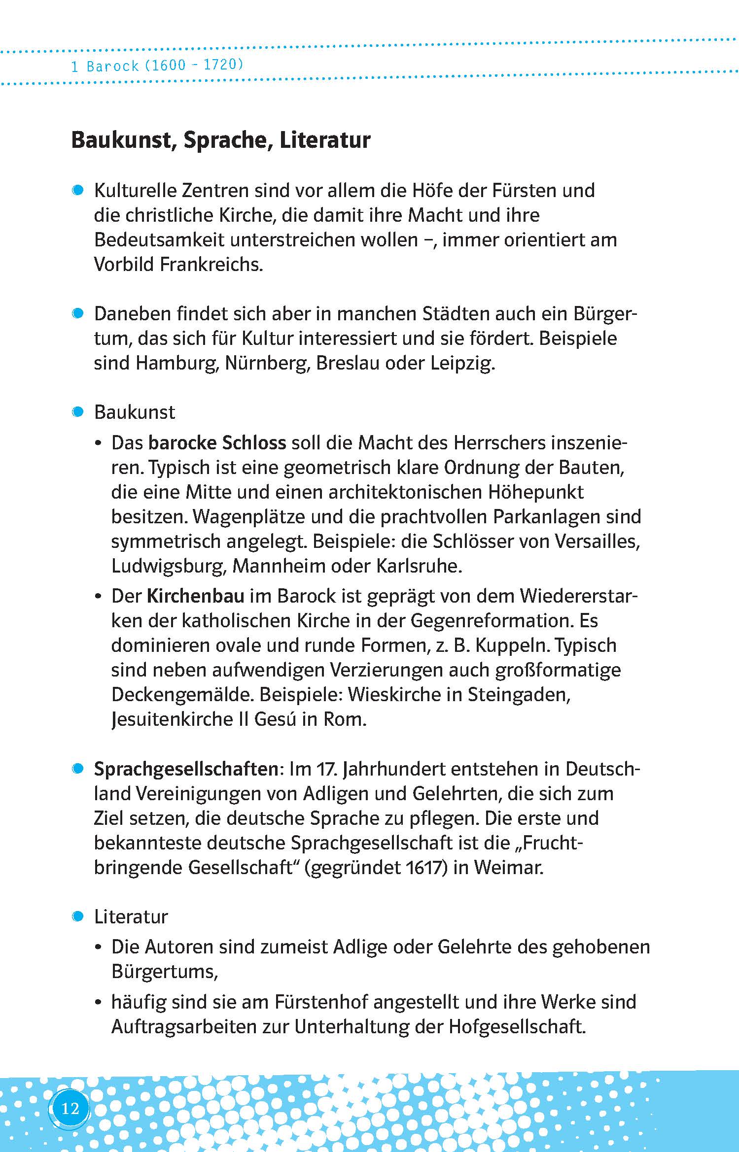 Eine Lehrbuchseite in deutscher Sprache, die kulturelle und architektonische Entwicklungen erläutert, mit hervorgehobenem Text und Aufzählungspunkten zu Barockschlössern und Literatur.