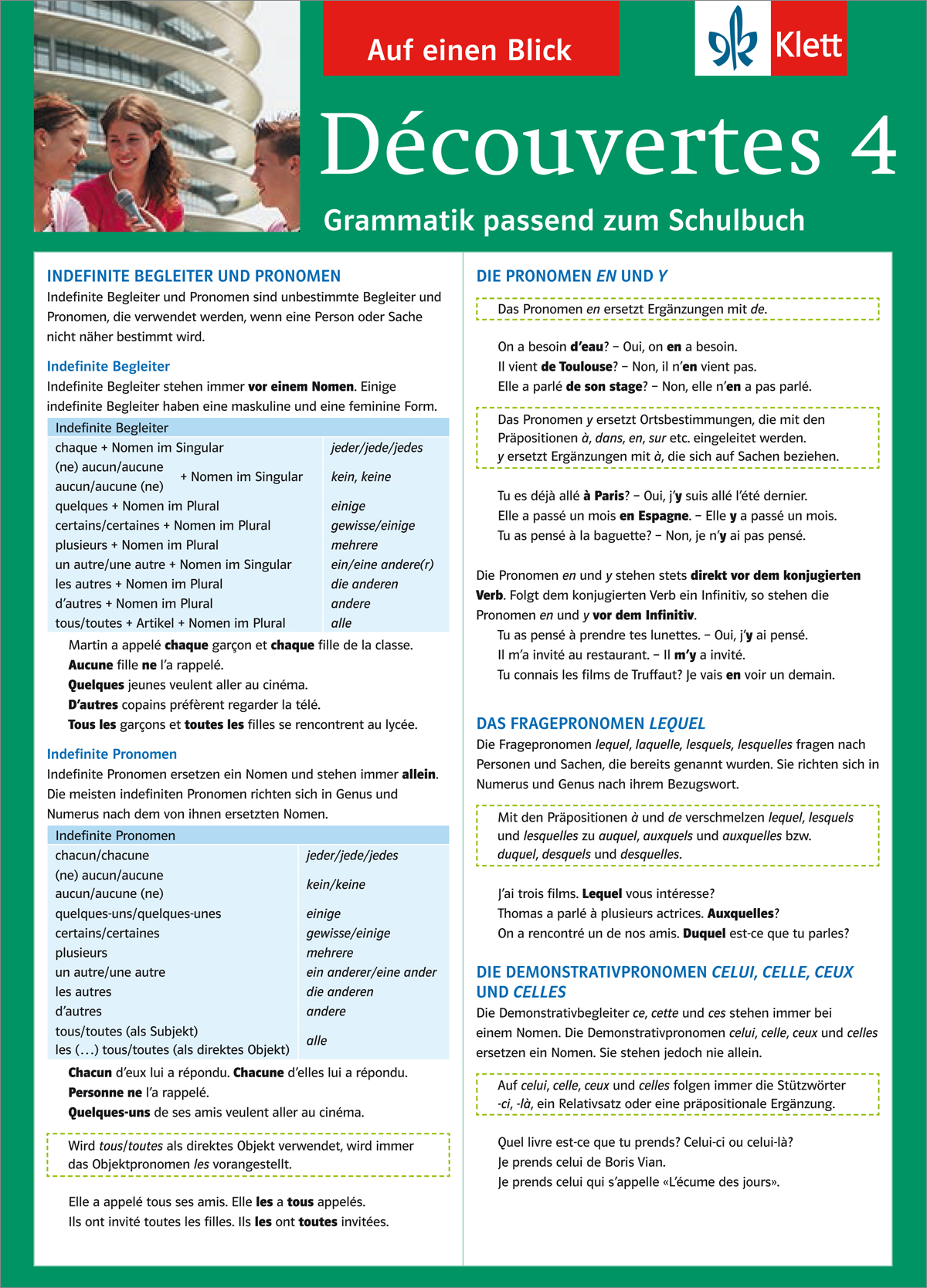 Informative Grammatiktabelle der deutschen Sprache für Découvertes 4, die die unbestimmten Pronomen, Artikel und Relativpronomen mit Beispielen erläutert.