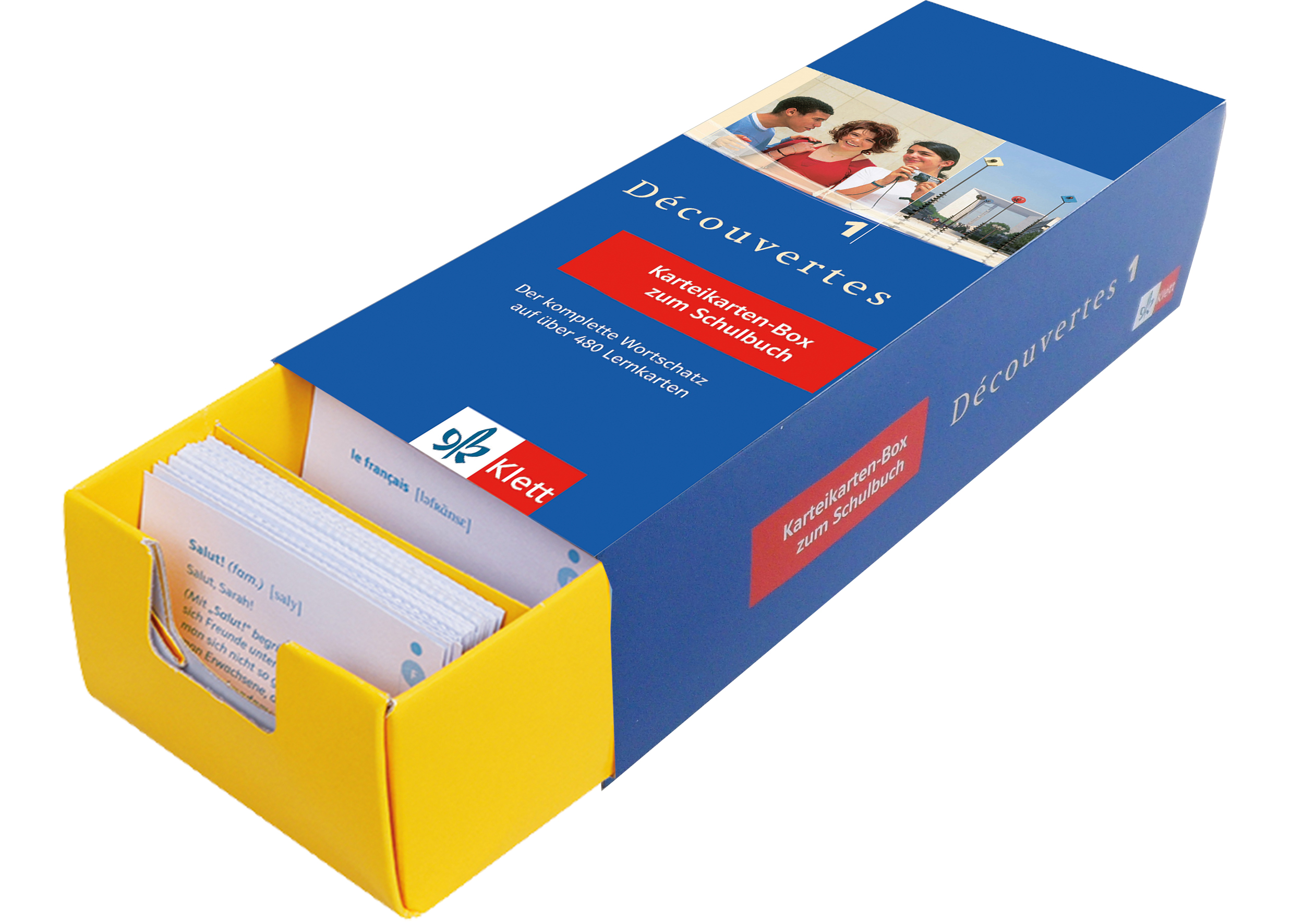 Découvertes 1 - Vokabel-Lernbox zum Schülerbuch Eine blau-gelbe Schachtel mit der Aufschrift Découvertes 1 enthält einen Stapel Vokabelkarten zum Erlernen der französischen Sprache, hergestellt von Klett.
