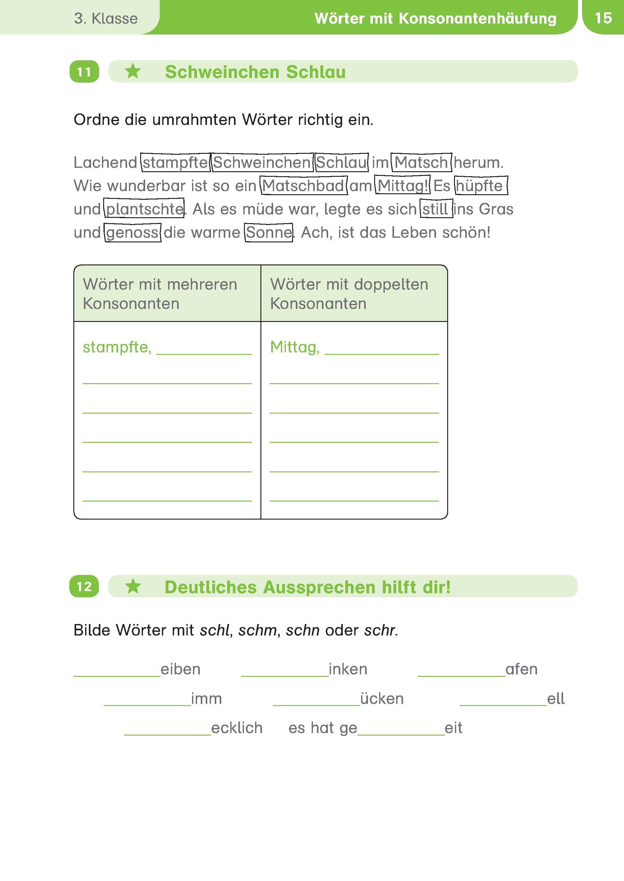 Ein Arbeitsblatt zur deutschen Sprache für die 3. Klasse mit Schwerpunkt auf Konsonantenclustern, mit Zuordnungs- und Ausfüllübungen.