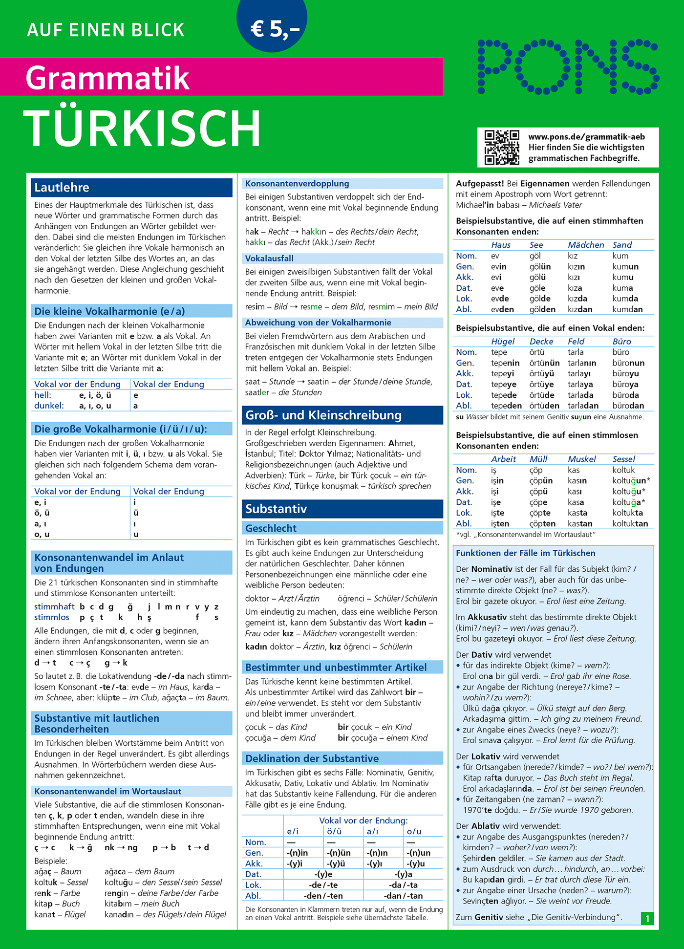 Ein deutschsprachiges Nachschlagewerk mit dem Titel Grammatik Türkisch von PONS, das die wichtigsten Aspekte der türkischen Grammatik mit Tabellen und Erläuterungen in blauen und grünen Abschnitten zusammenfasst.
