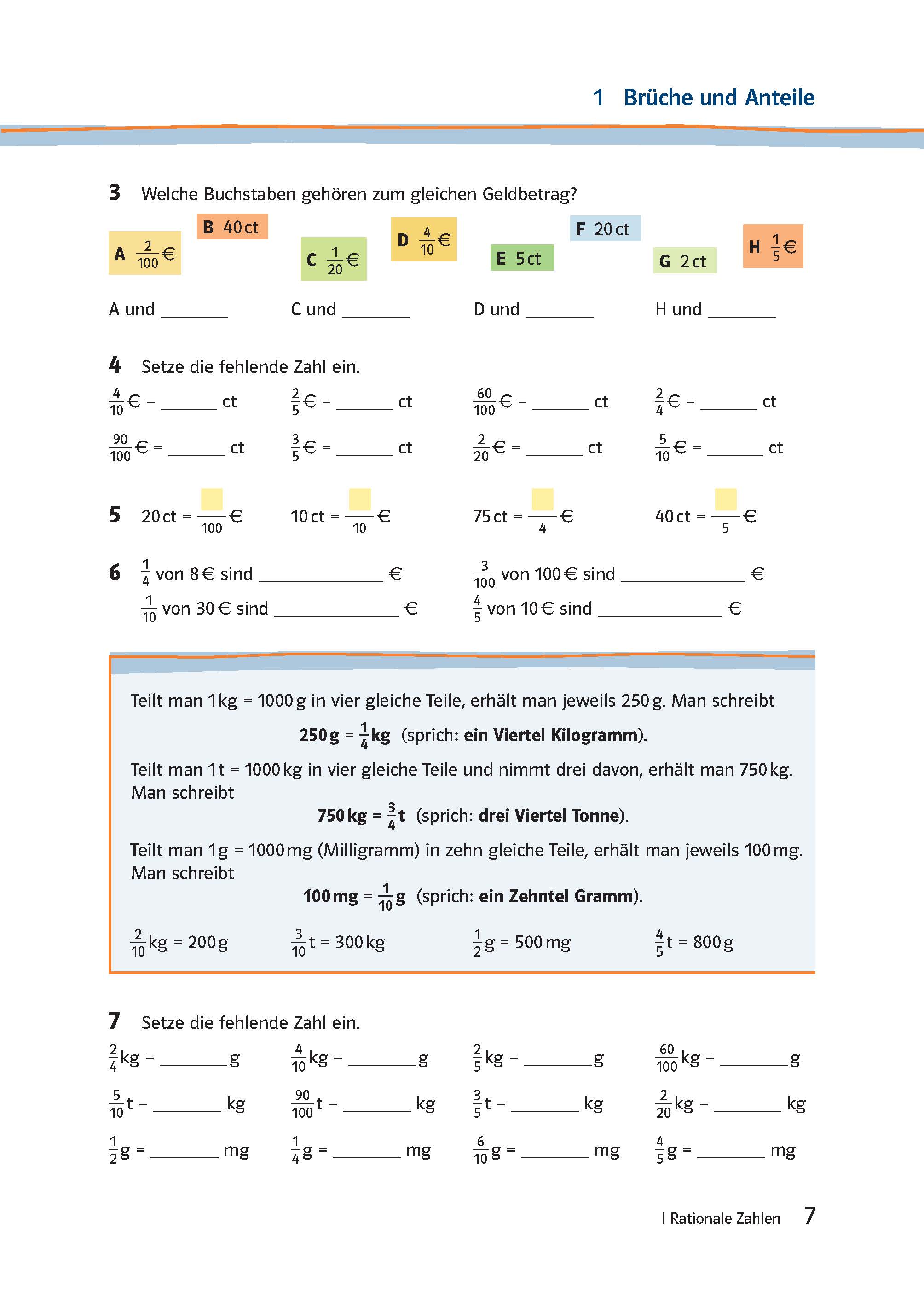 Lambacher Schweizer 2 - Das Trainingsbuch zum Lehrbuch Ein deutsches Mathe-Arbeitsblatt zum Thema Brüche und Geld, mit Münzen und Übungen zum Ergänzen fehlender Werte und zum Rechnen mit Gramm und Kilogramm.
