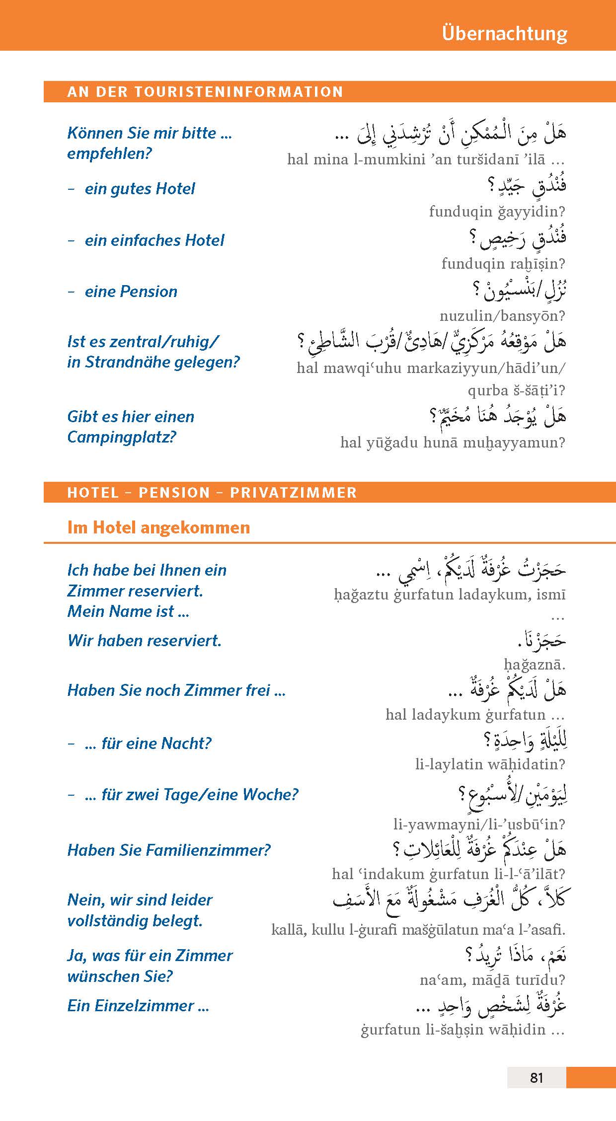 Eine Seite aus einem deutsch-arabischen Reisewörterbuch mit deutschen Redewendungen, ihren arabischen Übersetzungen und Aussprachehilfen für Hotel- und Touristeninformationsszenarien.