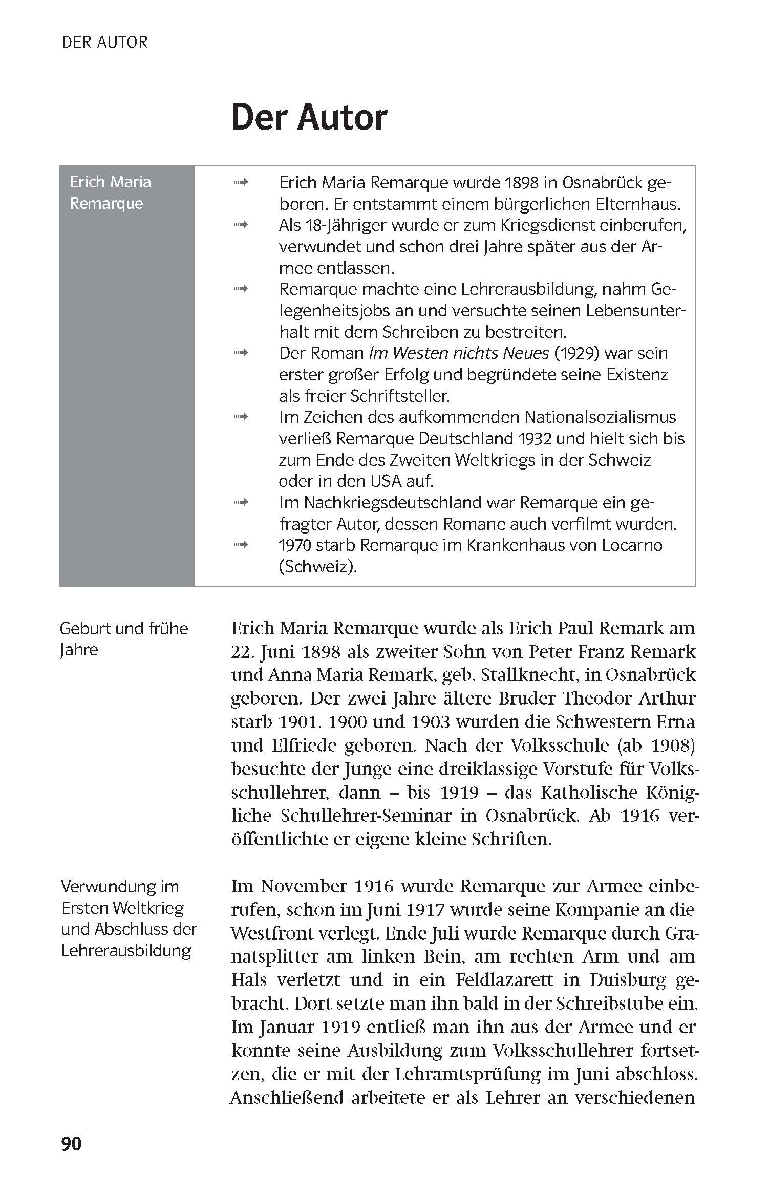 Eine deutschsprachige Buchseite mit dem Titel Der Autor enthält einen Abschnitt über Erich Maria Remarque mit biografischen Angaben und einer chronologischen Zusammenfassung in einer Seitenleiste.