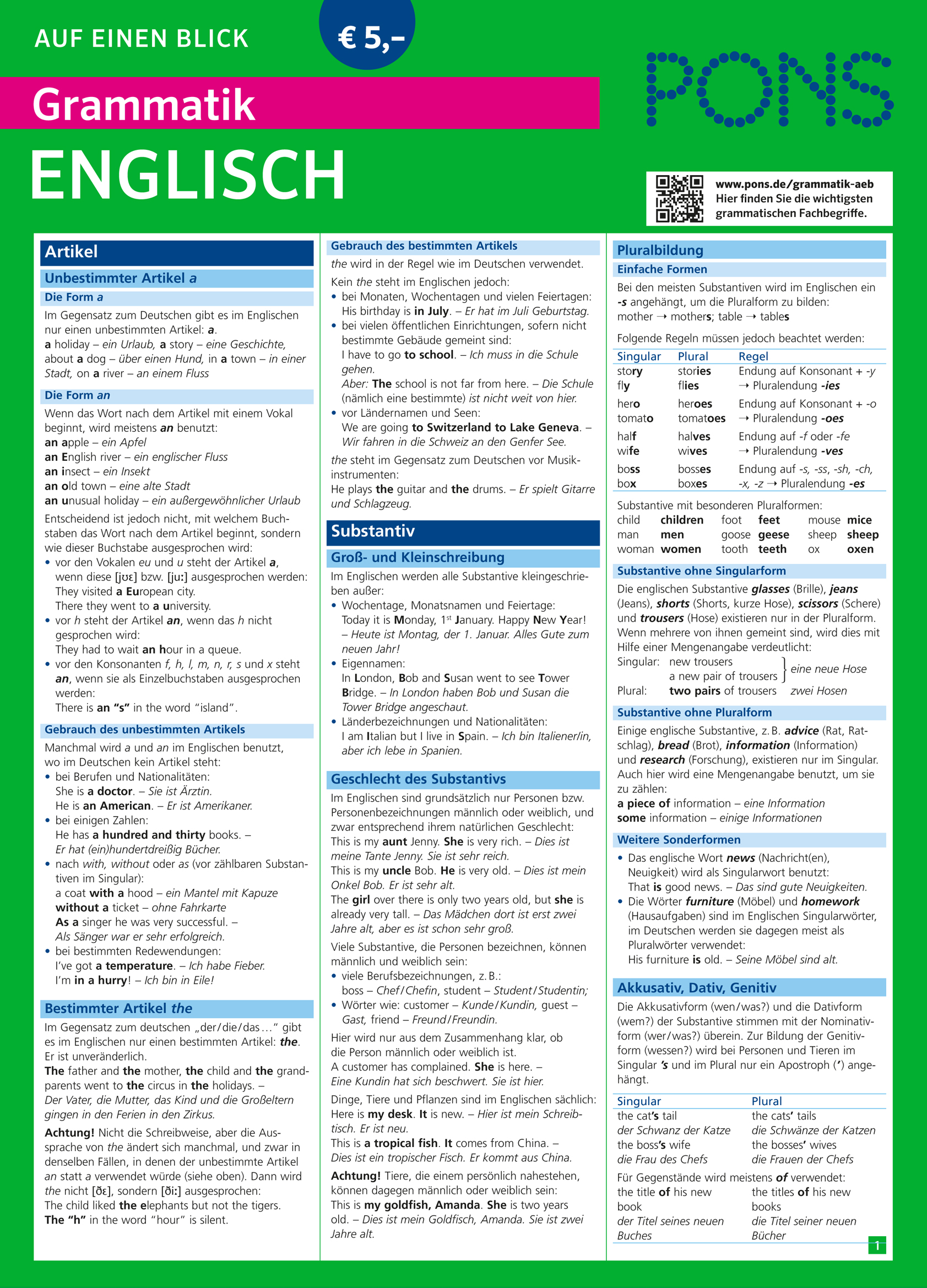 PONS Grammatik auf einen Blick Englisch Eine deutschsprachige Grammatikübersicht von PONS, die englische Artikel, Substantive, Pluralformen und den Gebrauch der Groß- und Kleinschreibung behandelt, gegliedert in farblich gekennzeichnete Abschnitte mit Erklärungen und Beispielen.