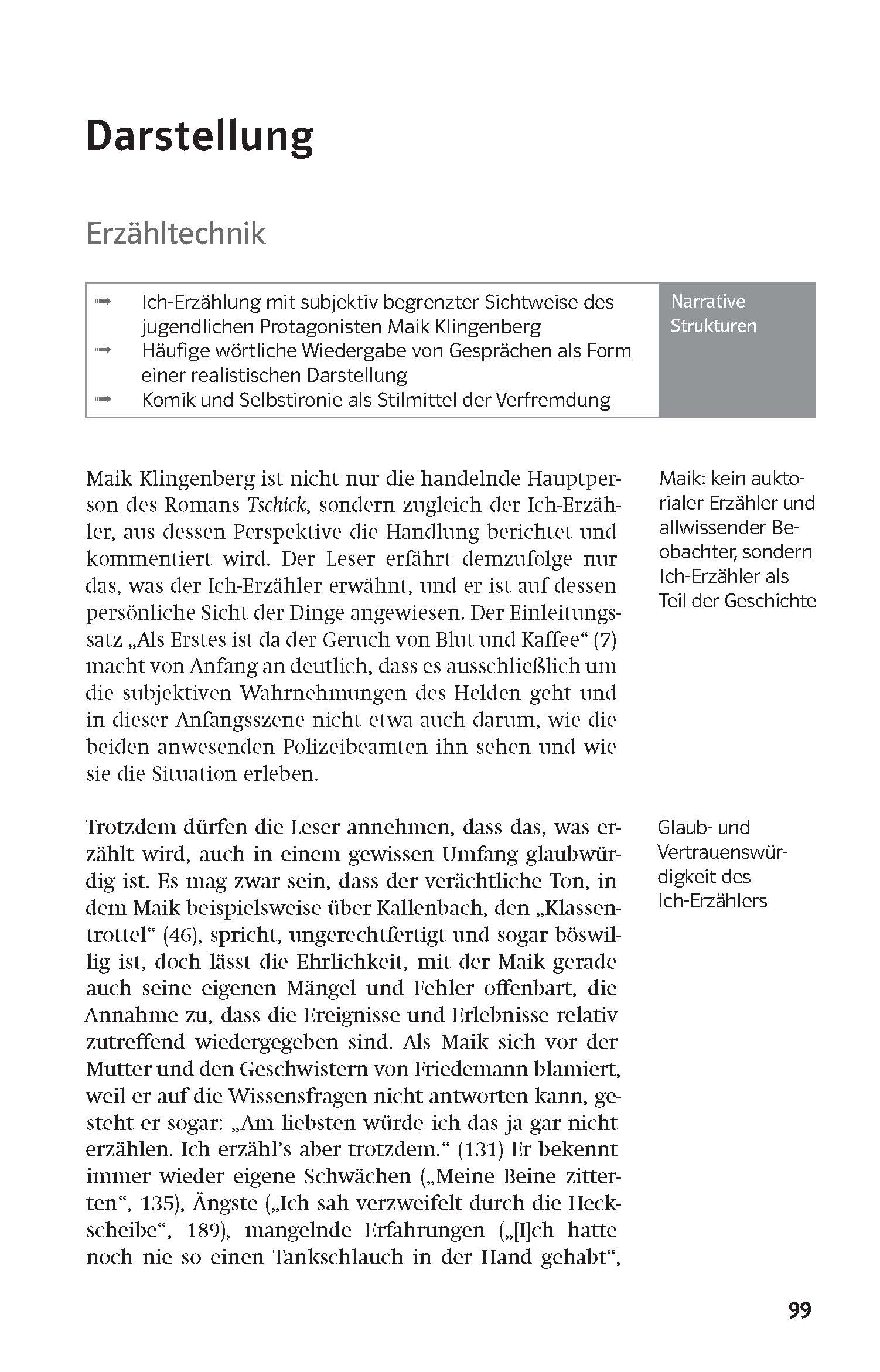 Eine Lehrbuchseite in deutscher Sprache, auf der Erzähltechniken erklärt werden, mit einer Tabelle, in der die wichtigsten Punkte über den Ich-Erzähler und die Erzählstrukturen hervorgehoben werden. Die Seitenzahl 99 steht unten rechts.