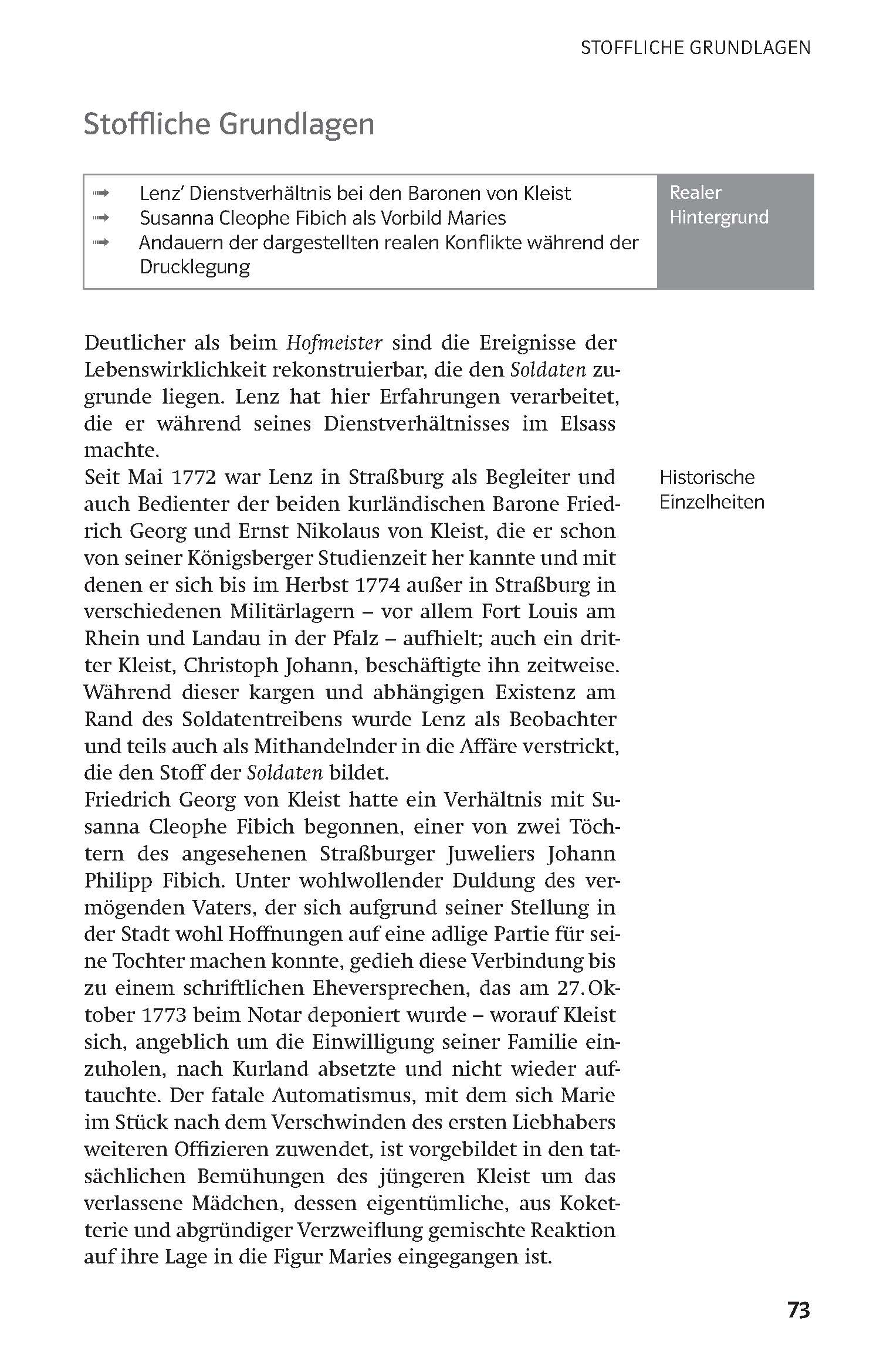 Auf einer Lehrbuchseite werden historische Zusammenhänge und einzelne Fakten über Jakob Michael Reinhold Lenz und seine Erfahrungen mit Soldaten erörtert. Die Seitenzahl 73 befindet sich am Ende der Seite.