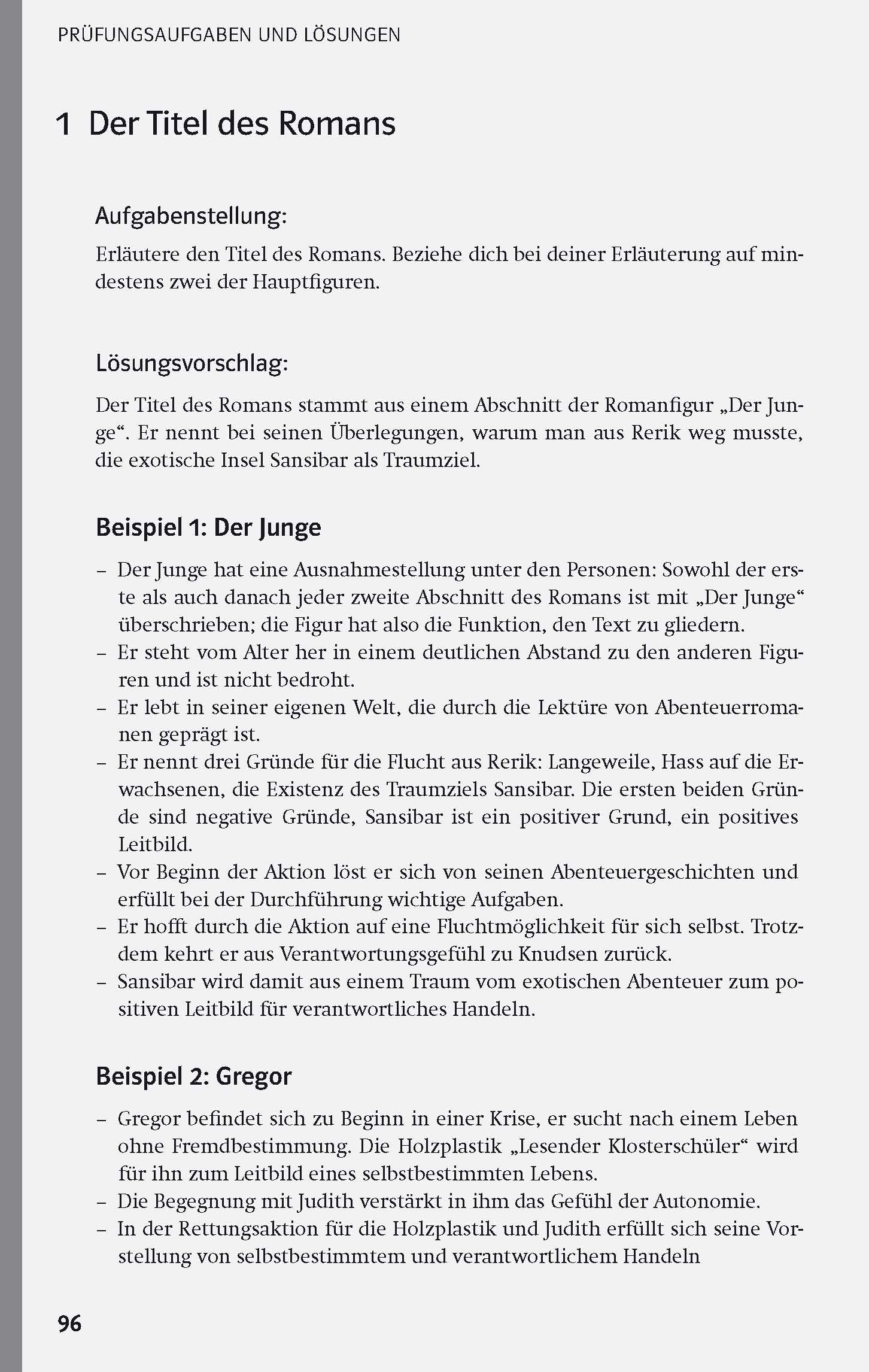 Eine Lehrbuchseite zeigt einen Abschnitt mit dem Titel 1 Der Titel des Romans mit einer Beispielantwort über eine Figur namens Der Junge und ihre Gedanken über die Insel Sansibar.
