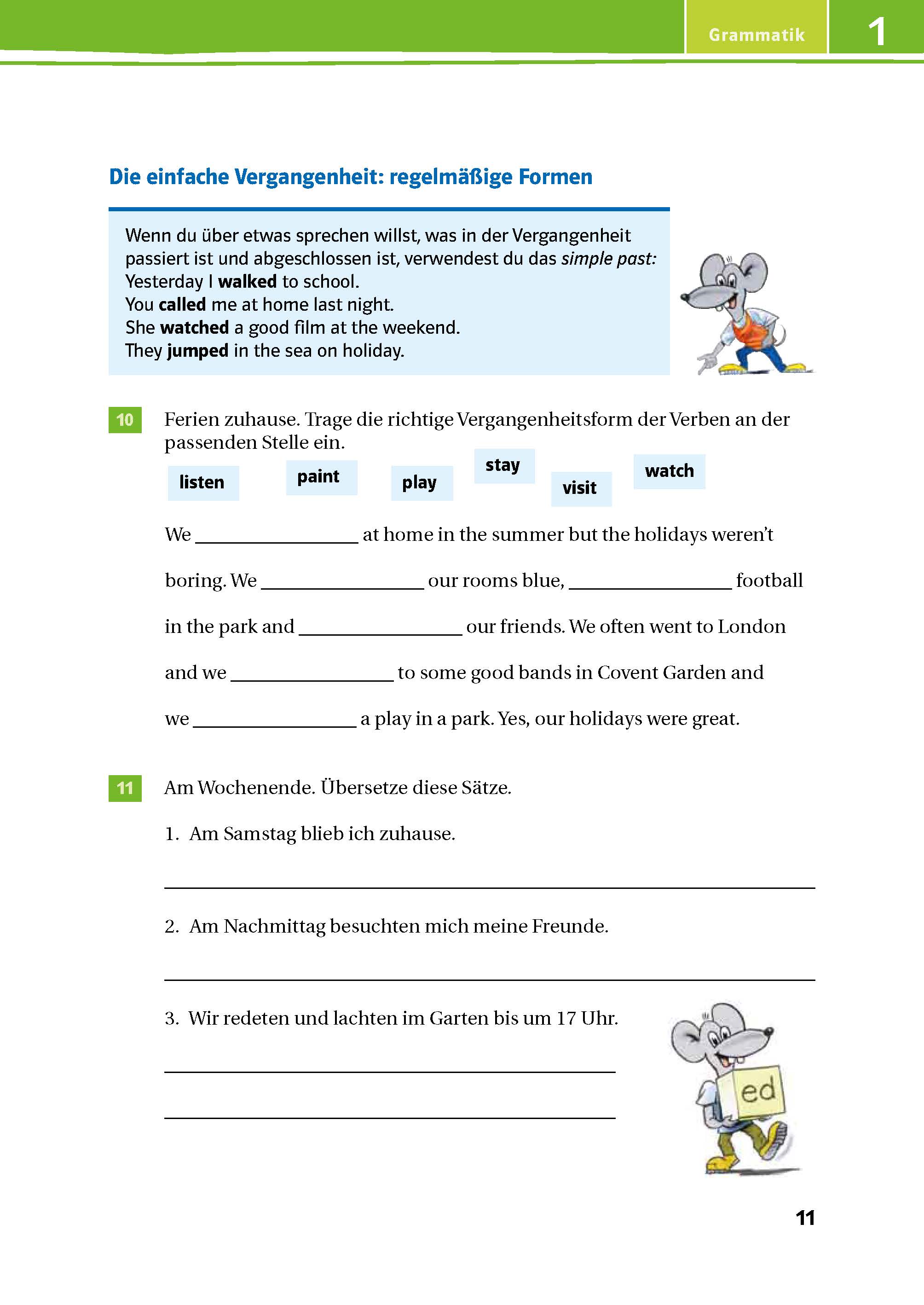 Eine deutsche Grammatikseite zur Bildung des Simple Past Tense mit einer Tabelle, Übungen zum Ausfüllen und einer Illustration eines Hundes mit einem Bleistift.