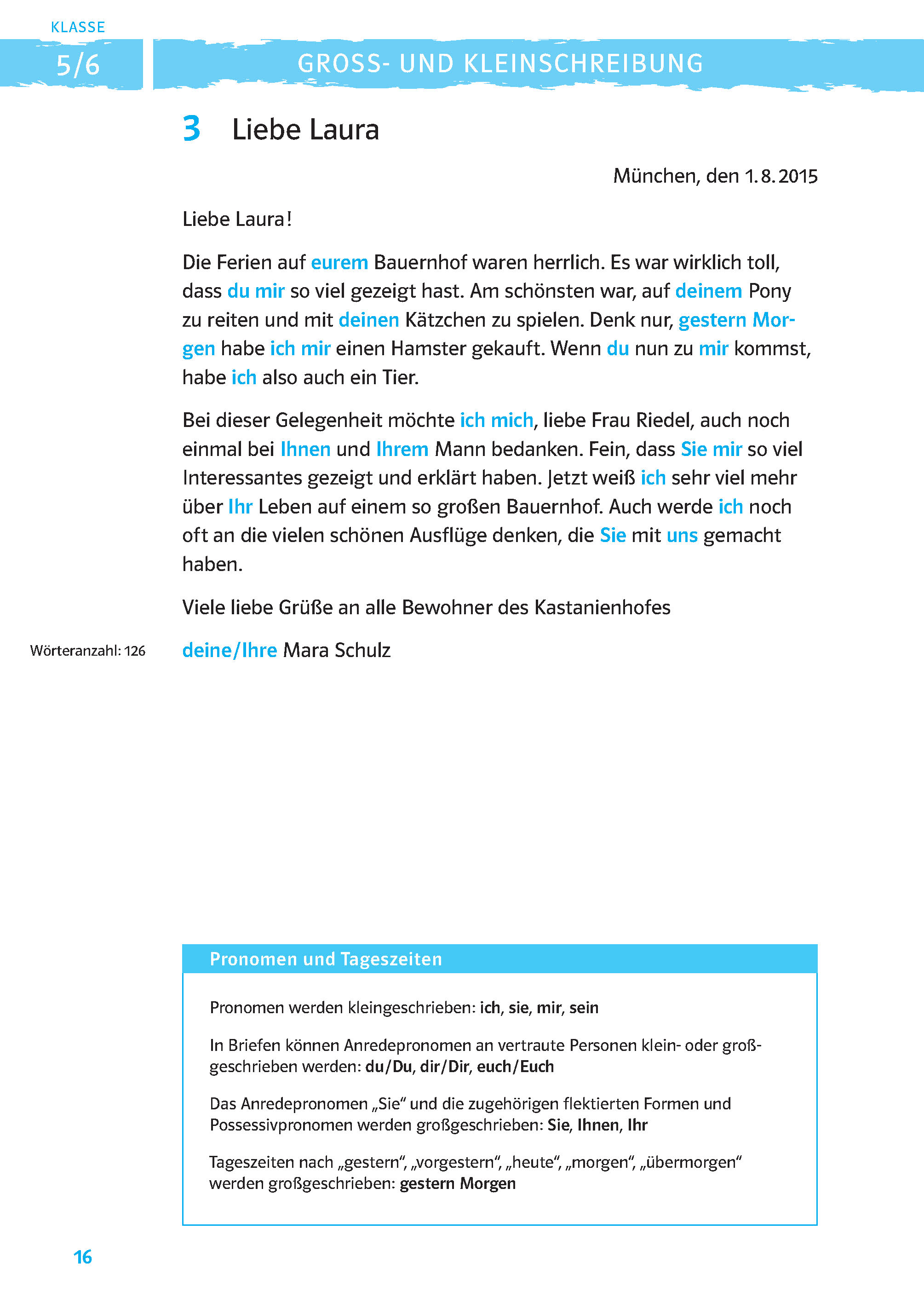 Eine Seite aus einem Deutschlehrbuch, die eine Lektion über Großschreibung zeigt, mit einem Brief an Laura und entsprechenden Vokabel- und Grammatiknotizen.