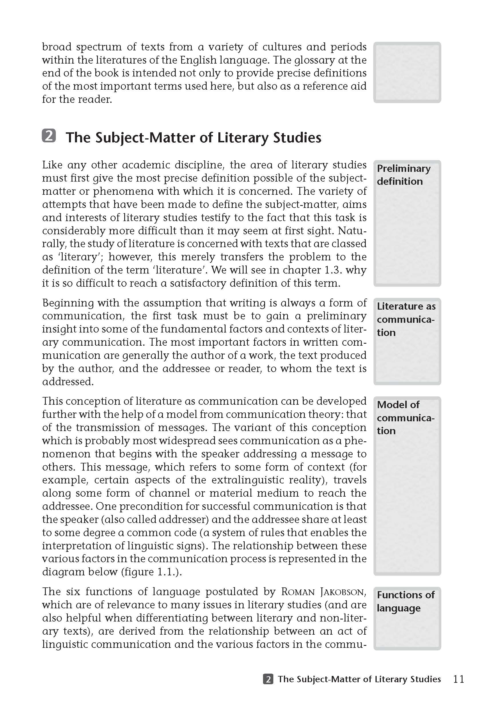 Uni Wissen An Introduction to the Study of English and American Literature Auf einer Lehrbuchseite mit dem Titel The Subject-Matter of Literary Studies (Der Gegenstand der Literaturwissenschaft) werden Definitionen und Aspekte der Literaturwissenschaft erörtert, wobei Abschnitte und Unterüberschriften am rechten Rand herv...