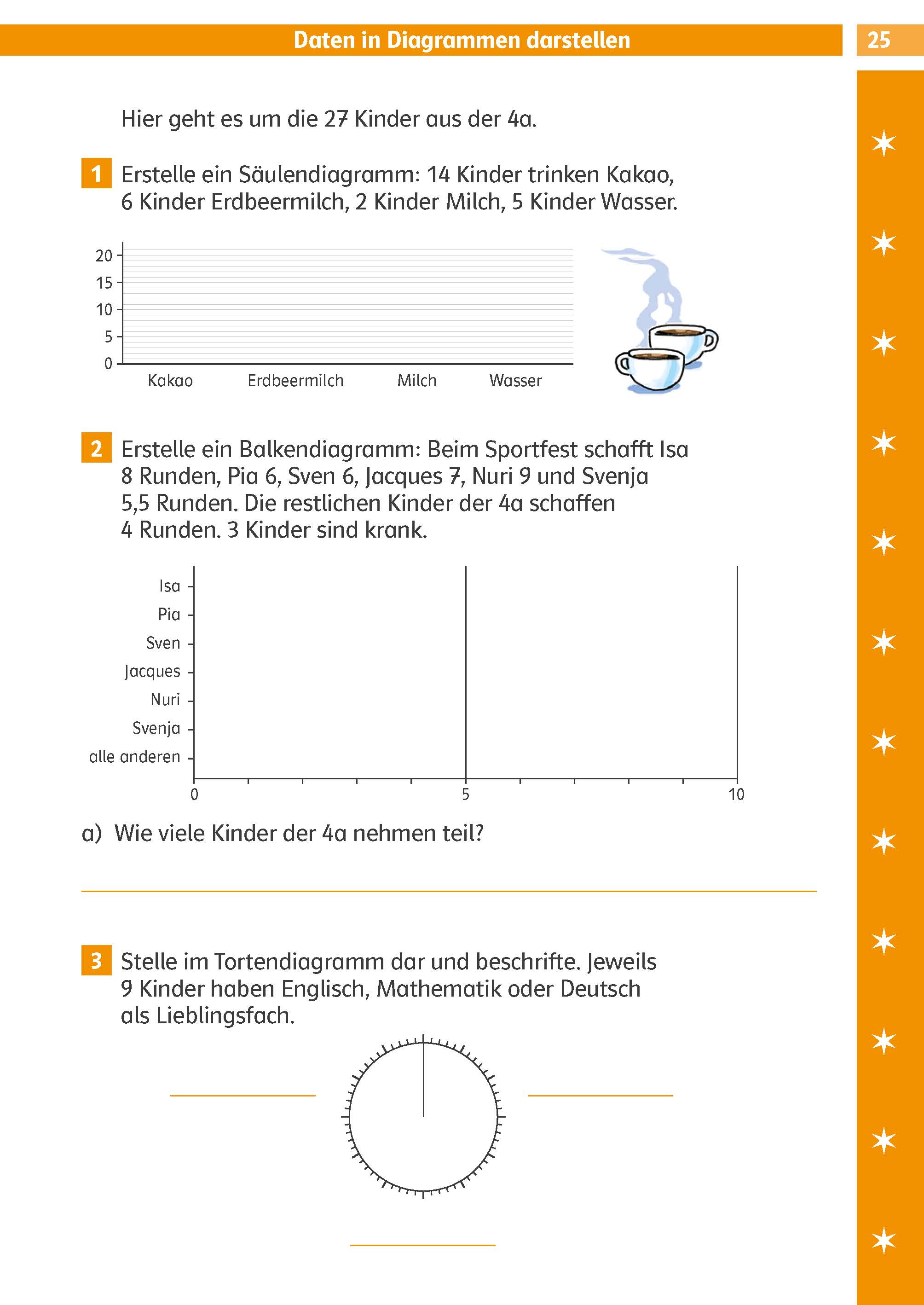 Klett Die Mathe-Helden: Textaufgaben / Sachaufgaben 4. Klasse Ein deutsches Arbeitsblatt mit Balken- und Kreisdiagrammen zu den Aktivitäten und Vorlieben einer Klasse mit 27 Kindern. Es werden Anweisungen und ein Balkendiagramm gezeigt.
