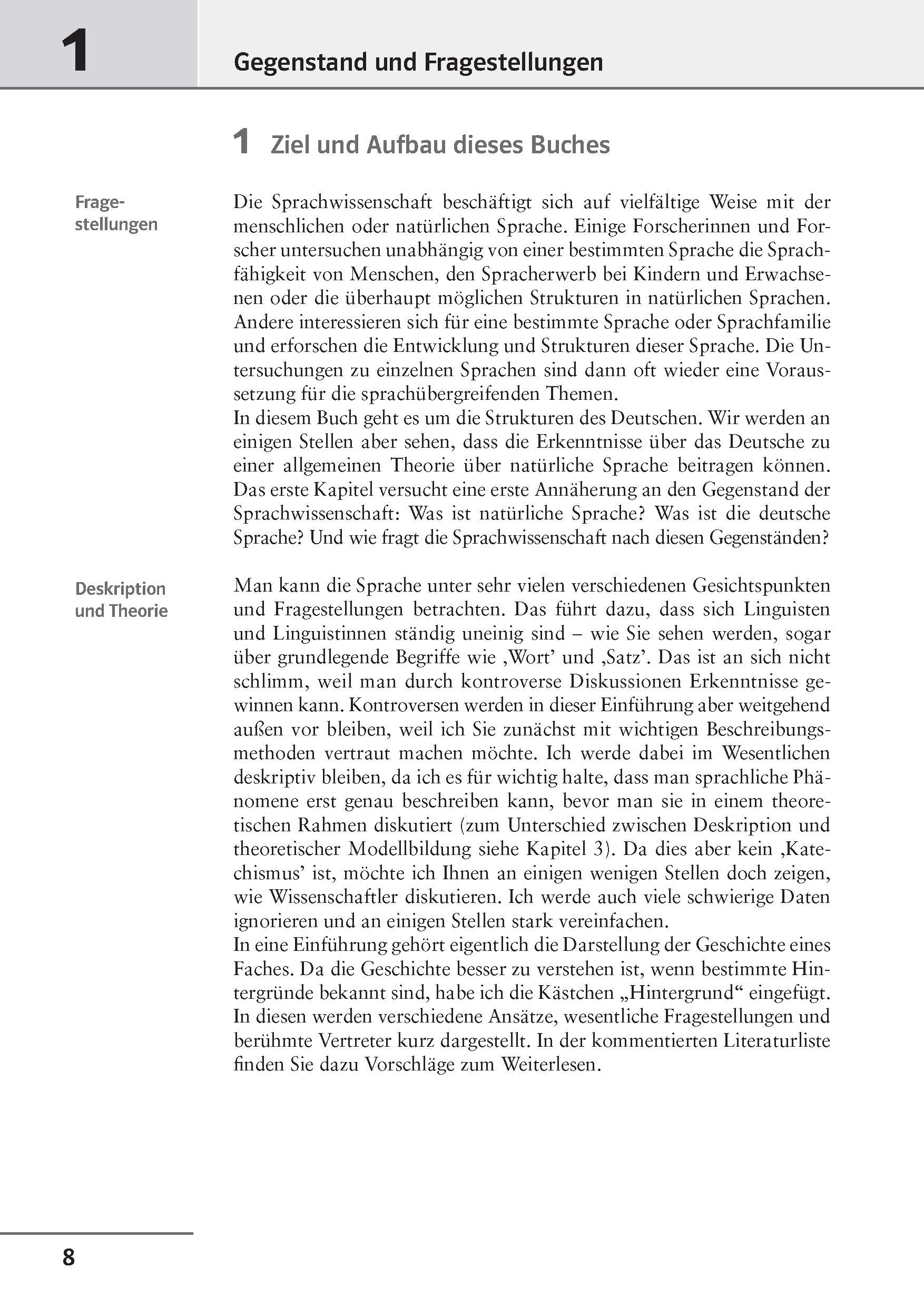 Uni Wissen Grundkurs Sprachwissenschaft Eine Lehrbuchseite in deutscher Sprache mit der Überschrift Ziel und Aufbau dieses Buches, die Absätze zu Themen der Sprachforschung enthält. Die Seitenzahl 8 steht am unteren Rand.