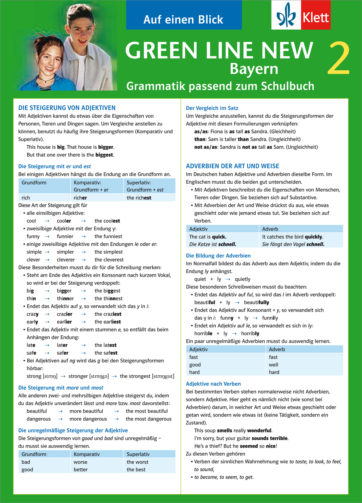 Green Line New Bayern 2 - Auf einen Blick Ein deutschsprachiges Grammatikblatt für Schüler mit Abschnitten zu Adjektivvergleichen, Adverbien und Beispielsätzen, mit einem Jungen und einem Mädchen oben links.