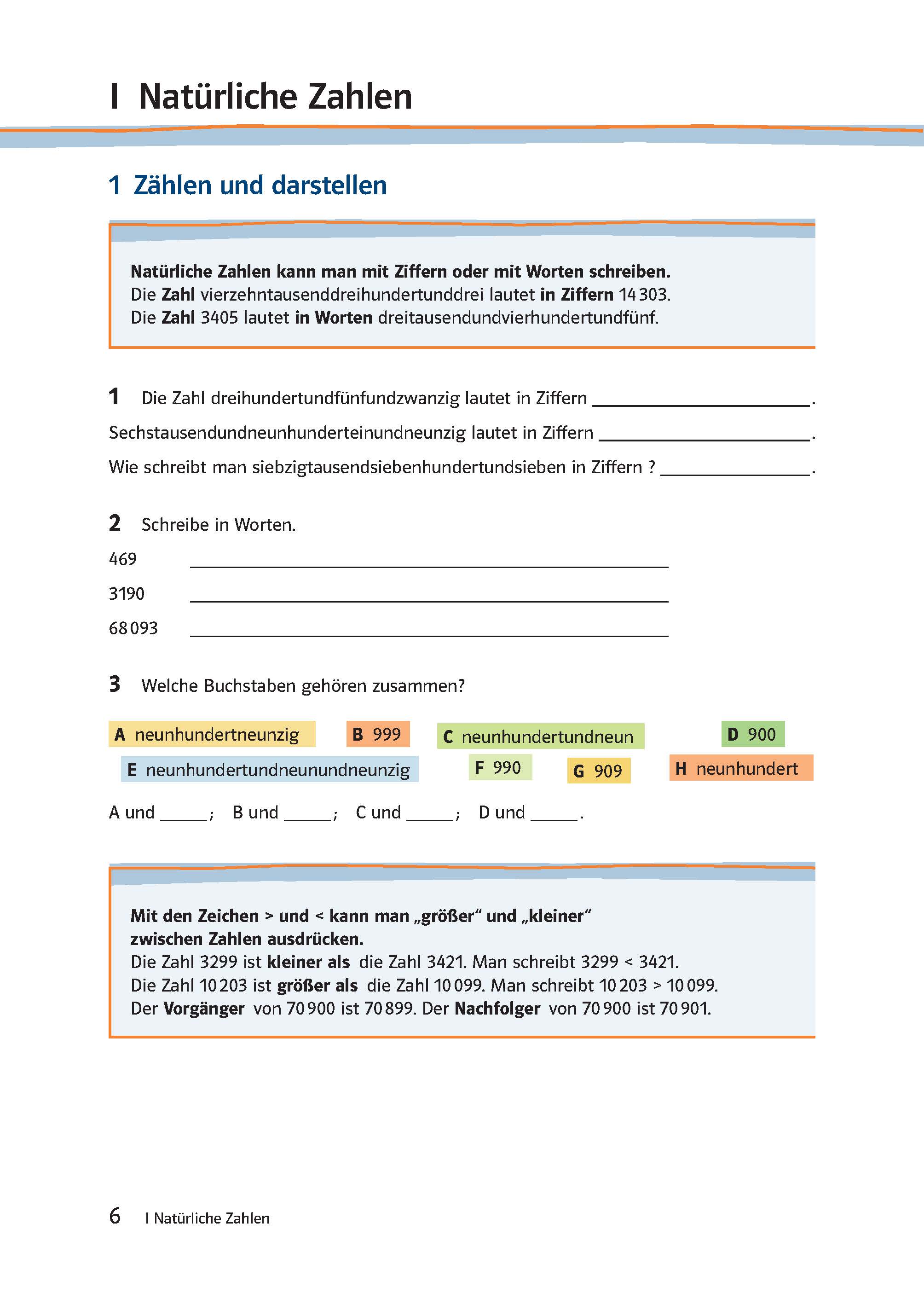 Lambacher Schweizer 1 - Das Trainingsbuch zum Lehrbuch Ein deutsches Arbeitsblatt zum Thema natürliche Zahlen, das das Schreiben von Zahlen in Worten und Ziffern, das Zuordnen von farbigen Buchstaben und das Ordnen von Zahlen nach ihrer Größe beinhaltet.
