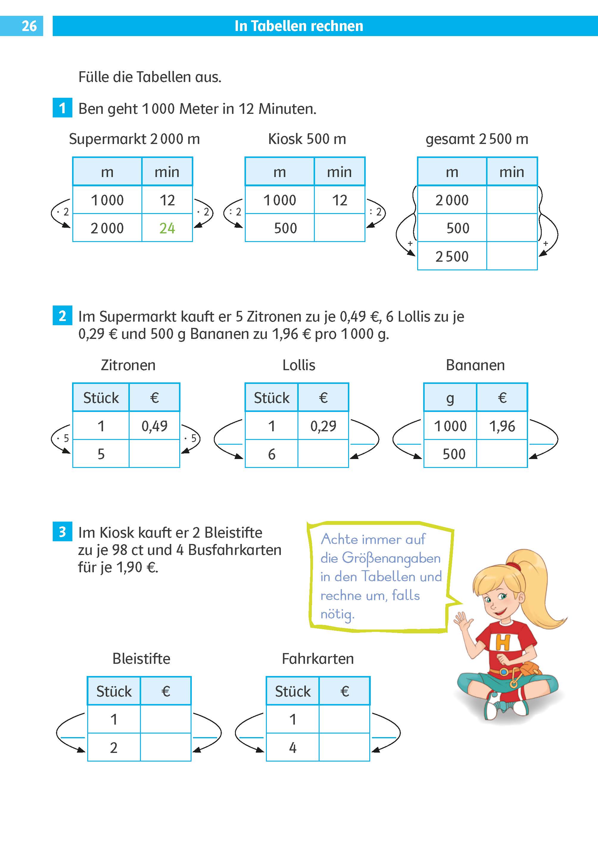 Klett Die Mathe-Helden: Textaufgaben / Sachaufgaben 4. Klasse Ein deutsches Mathematik-Arbeitsblatt mit Tabellen und Wortaufgaben, die sich auf Supermärkte und Kioske beziehen; enthält ein Cartoon-Mädchen mit einer Sprechblase, das einen Tipp zum Lesen von Tabellendaten gibt.