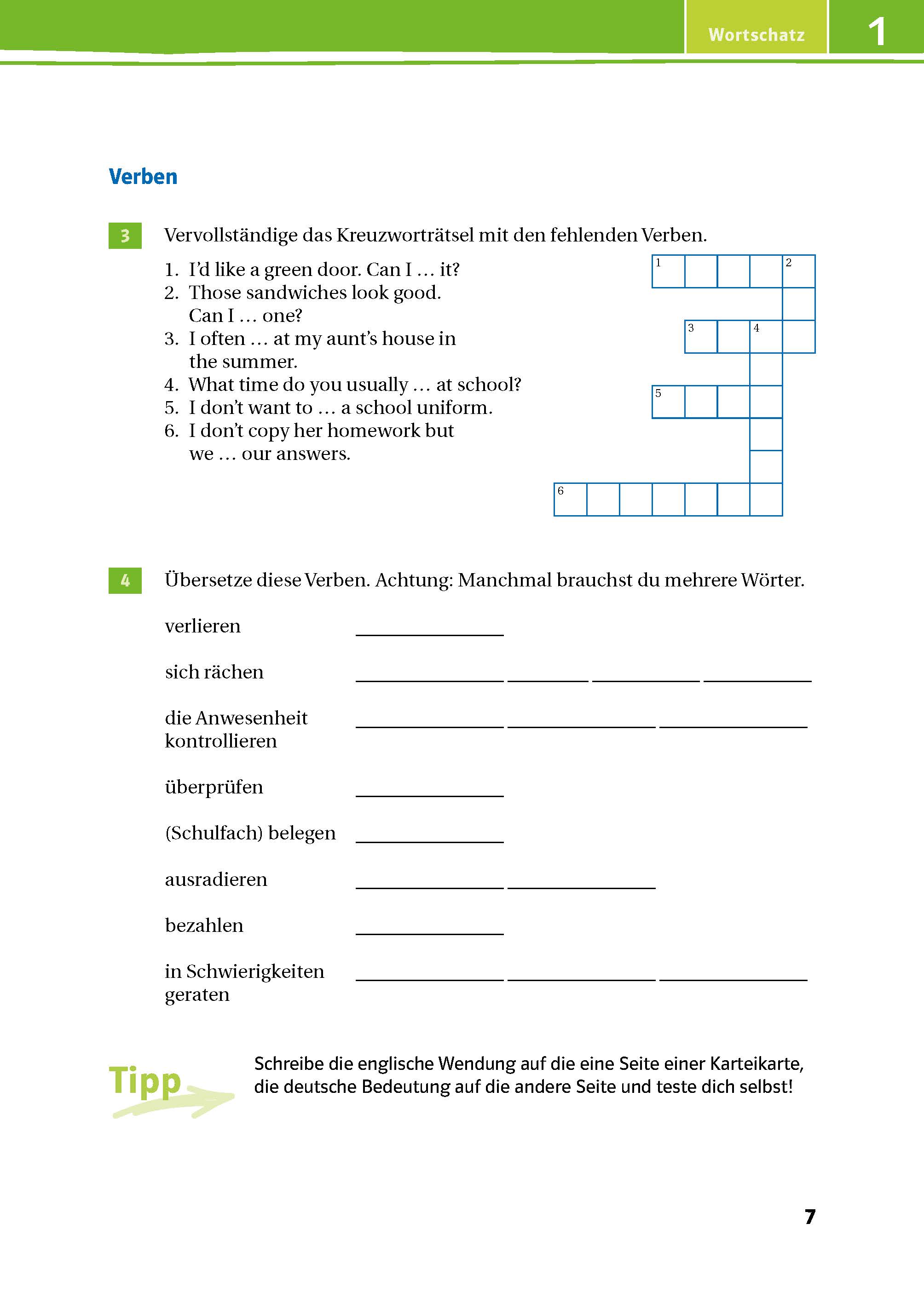 Ein deutschsprachiges Arbeitsblatt mit einem Kreuzworträtsel, Sätzen zum Ausfüllen über tägliche Routinen und einer Liste von Verben, die ins Deutsche übersetzt werden müssen.