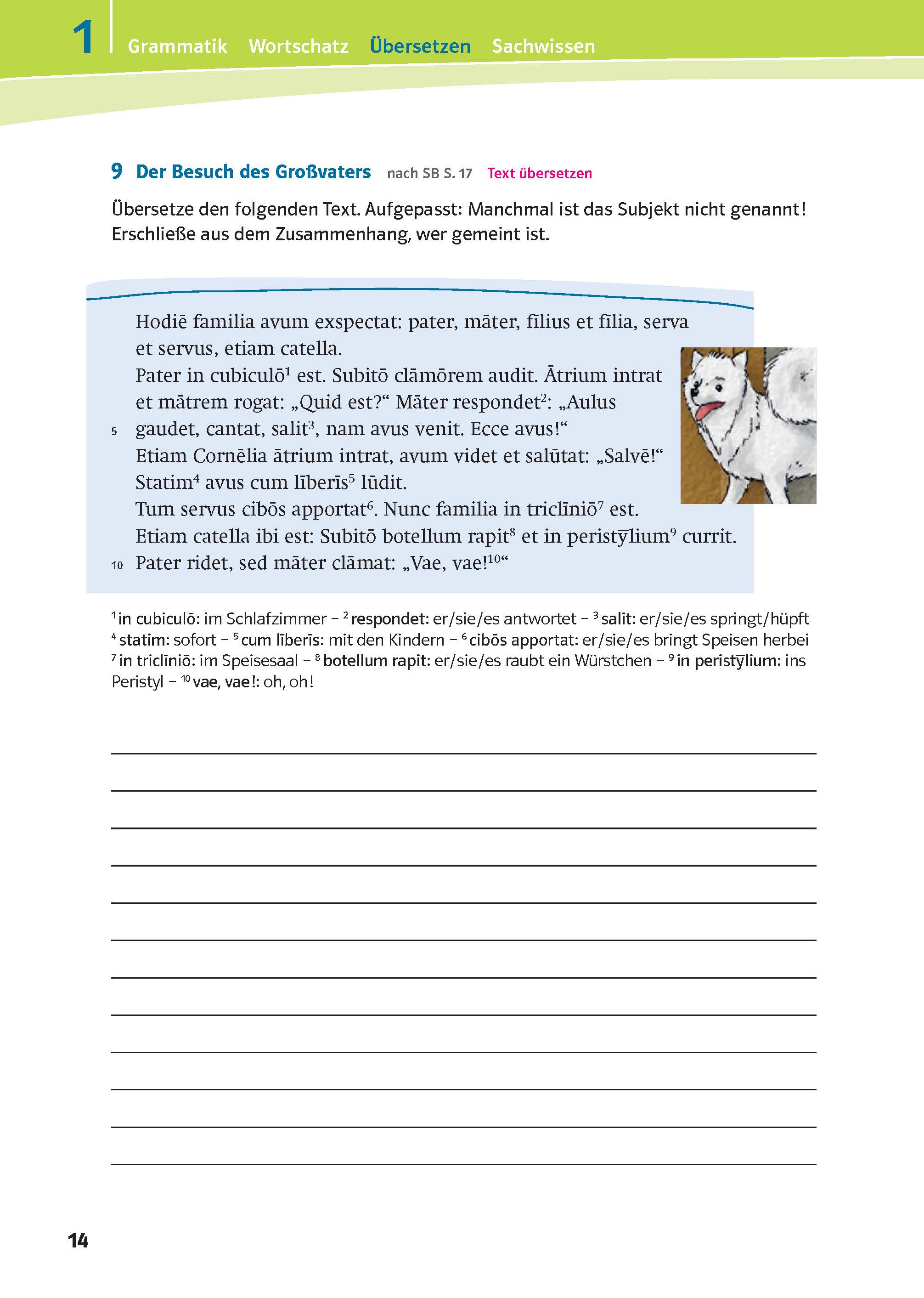 Eine deutsche Lehrbuchseite zeigt einen lateinischen Text mit Übersetzungsaufgaben, Vokabeltipps und Fragen zum Leseverstehen über eine Familie und ihren Großvater.