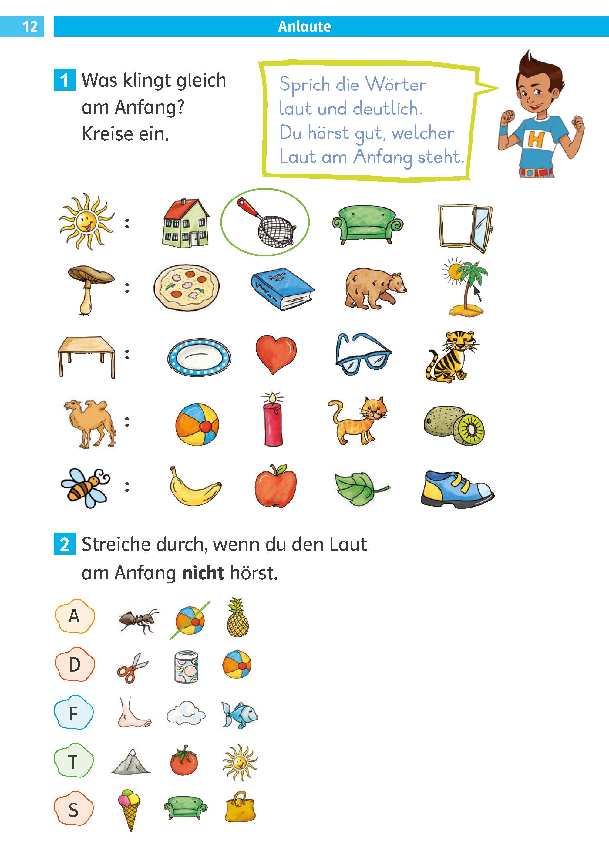 Klett Die Deutsch-Helden: Lesen und schreiben 1. Klasse Ein Arbeitsblatt zur deutschen Sprache für Kinder mit illustrierten Gegenständen; die Schüler identifizieren passende Anfangslaute und streichen Gegenstände ohne den angegebenen Anfangslaut durch.